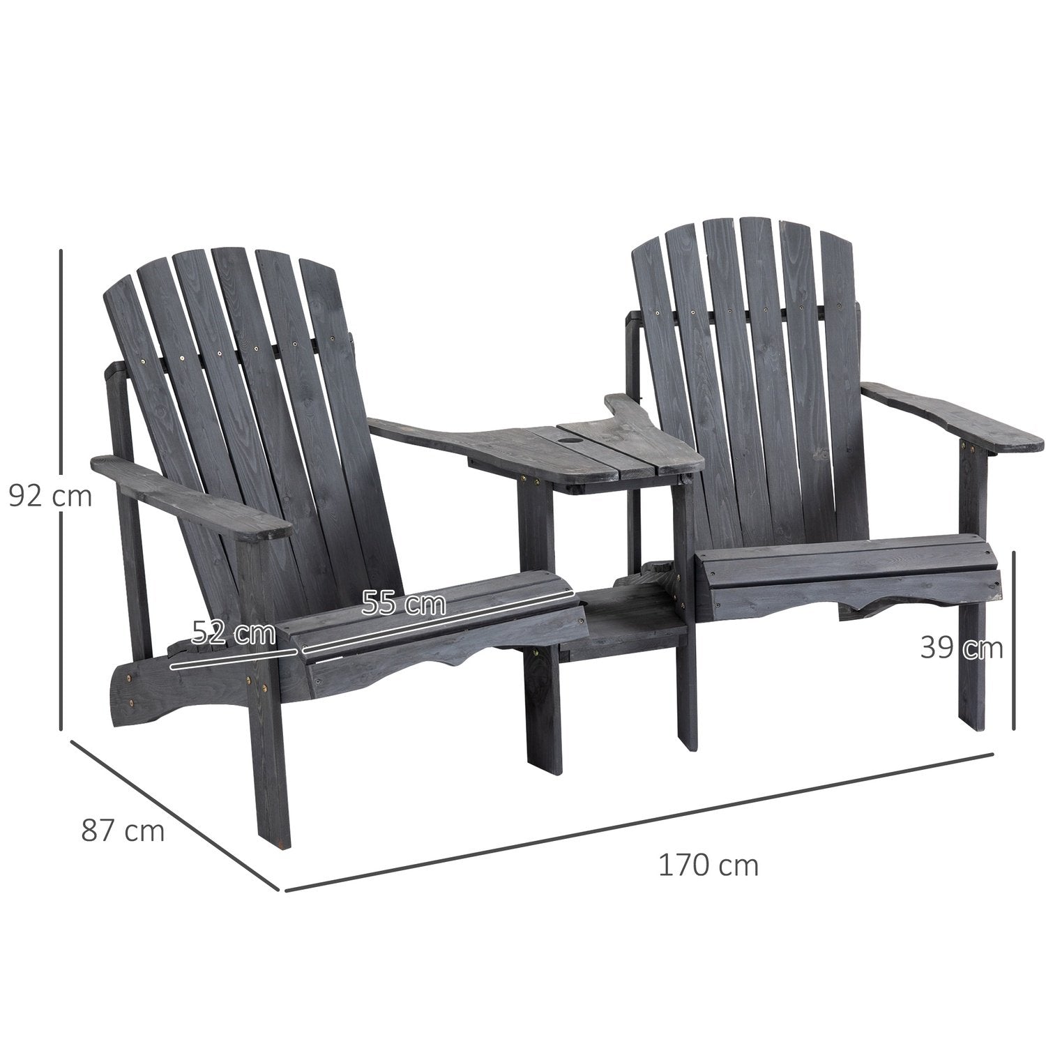 Adirondack Trädgårdsstol Med Bord Och Paraplyhål 2-Sits Trädgårdsstol Sittgrupp Trädgårdsmöbler För Balkong Massivt Trä Mörkgrå