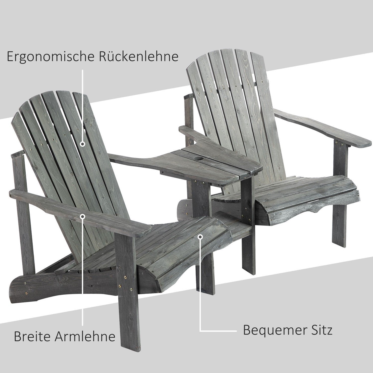 Adirondack Trädgårdsstol Med Bord Och Paraplyhål 2-Sits Trädgårdsstol Sittgrupp Trädgårdsmöbler För Balkong Massivt Trä Grå 178 X 87 X 92 Cm