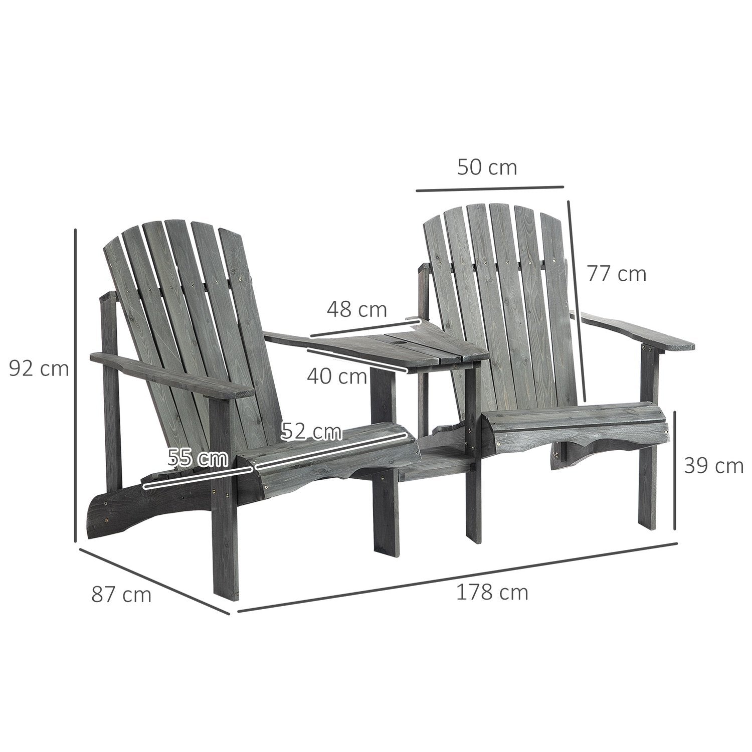 Adirondack Trädgårdsstol Med Bord Och Paraplyhål 2-Sits Trädgårdsstol Sittgrupp Trädgårdsmöbler För Balkong Massivt Trä Grå 178 X 87 X 92 Cm