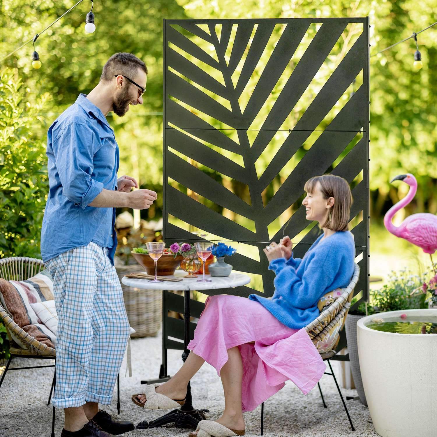 Balcony Privacy Screen Rumsavdelare Med Bananbladsmönster, 122X198Cm, Stålsvart, För Trädgård Och Uteplats