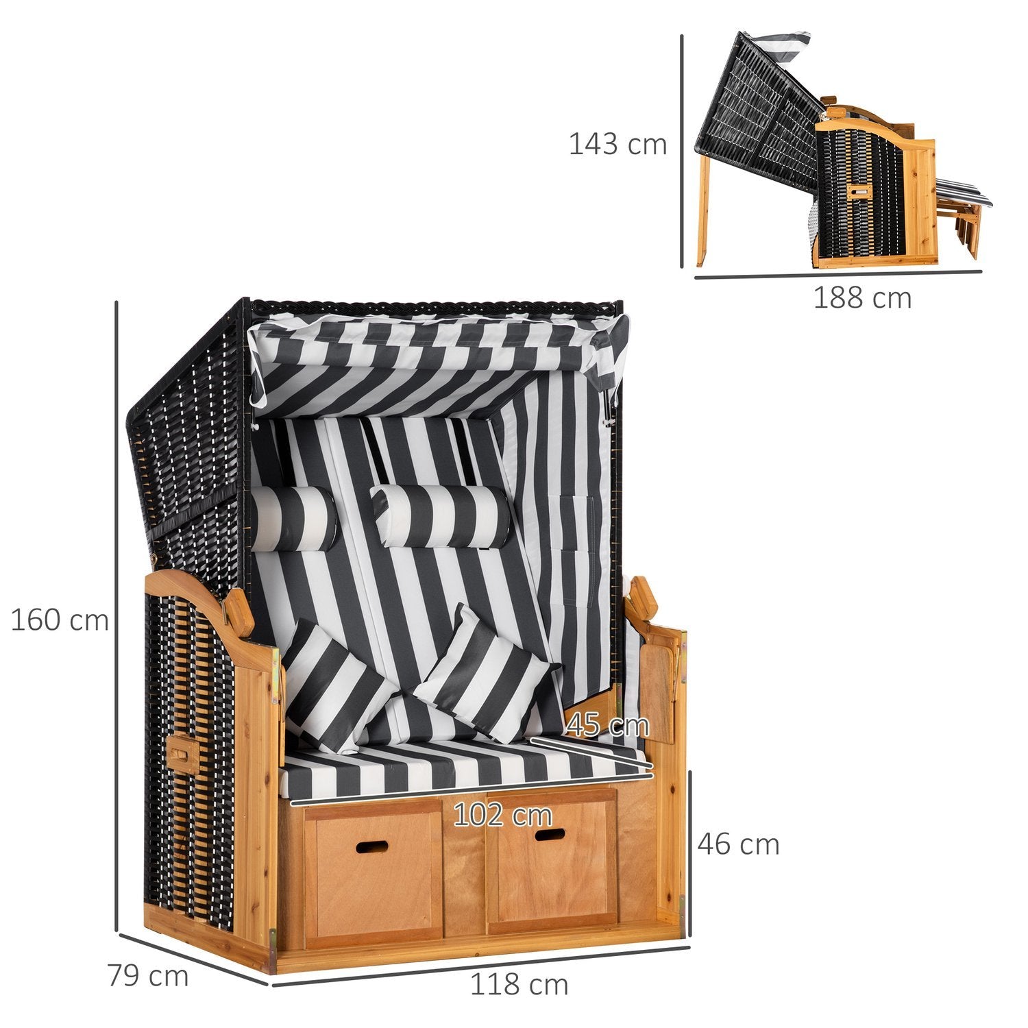 Beach Chair Dubbel Solstol Takkoppshållare 5-Vånings Ryggstöd Pe Rottinggrå + Vit 118X79X160Cm