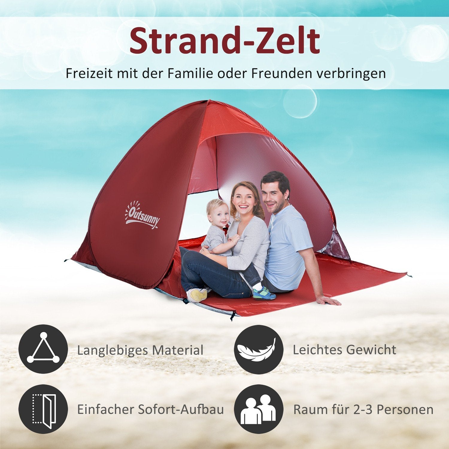 Beach Shelter Snabbmontering Strandtält Pop Up-Tält, Automatiskt, Polyester, Röd, 200X150X119Cm