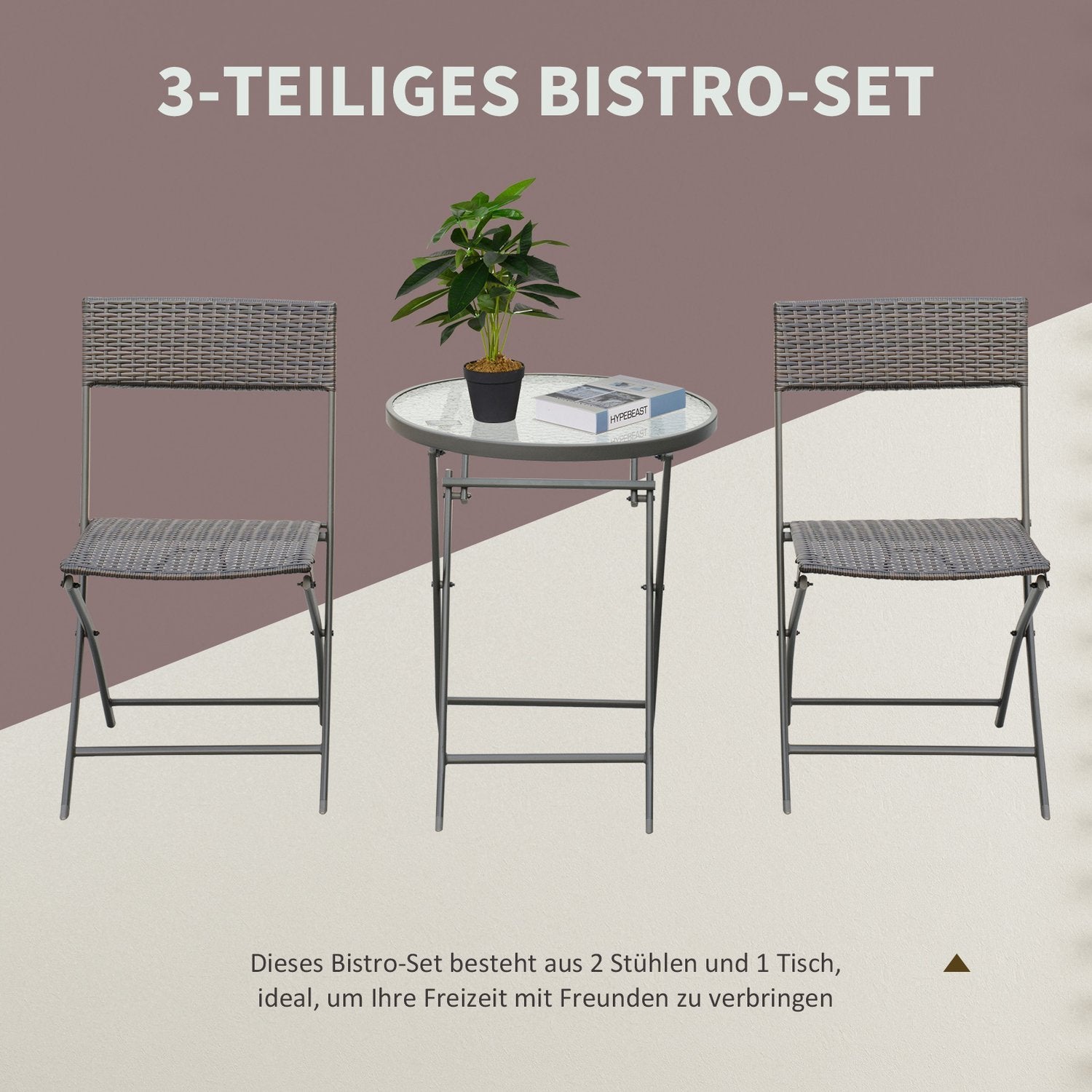 Bistroset Balkongset Polyrattan 3-Delad Hopfällbar Trädgård Brun