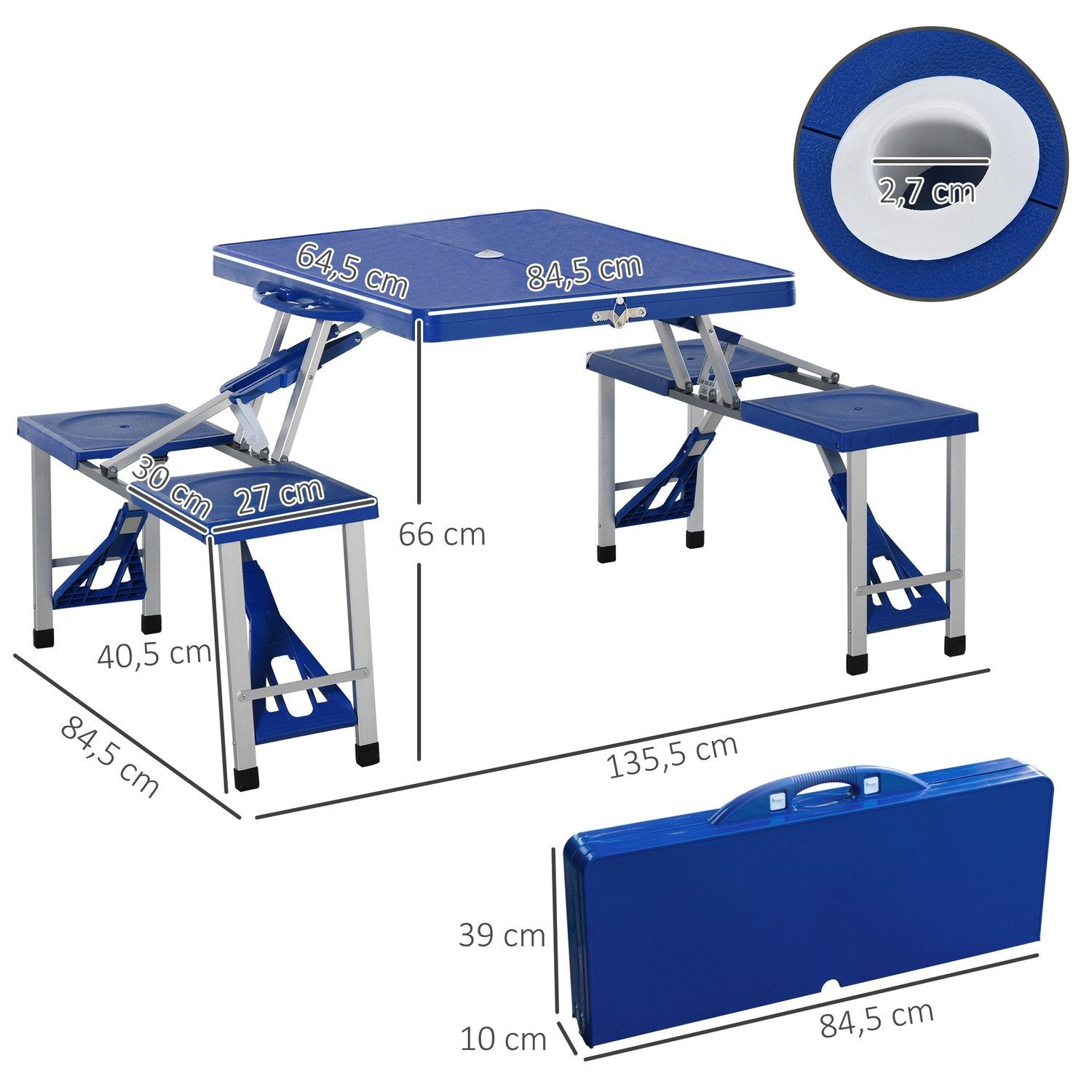 Campingbordsset Aluminium Picknickbord Hopfällbart Med 4 Säten, Bärbar Sittgrupp, Blå, 135,5X84,5X66 Cm, För Utomhus Och Trädgård