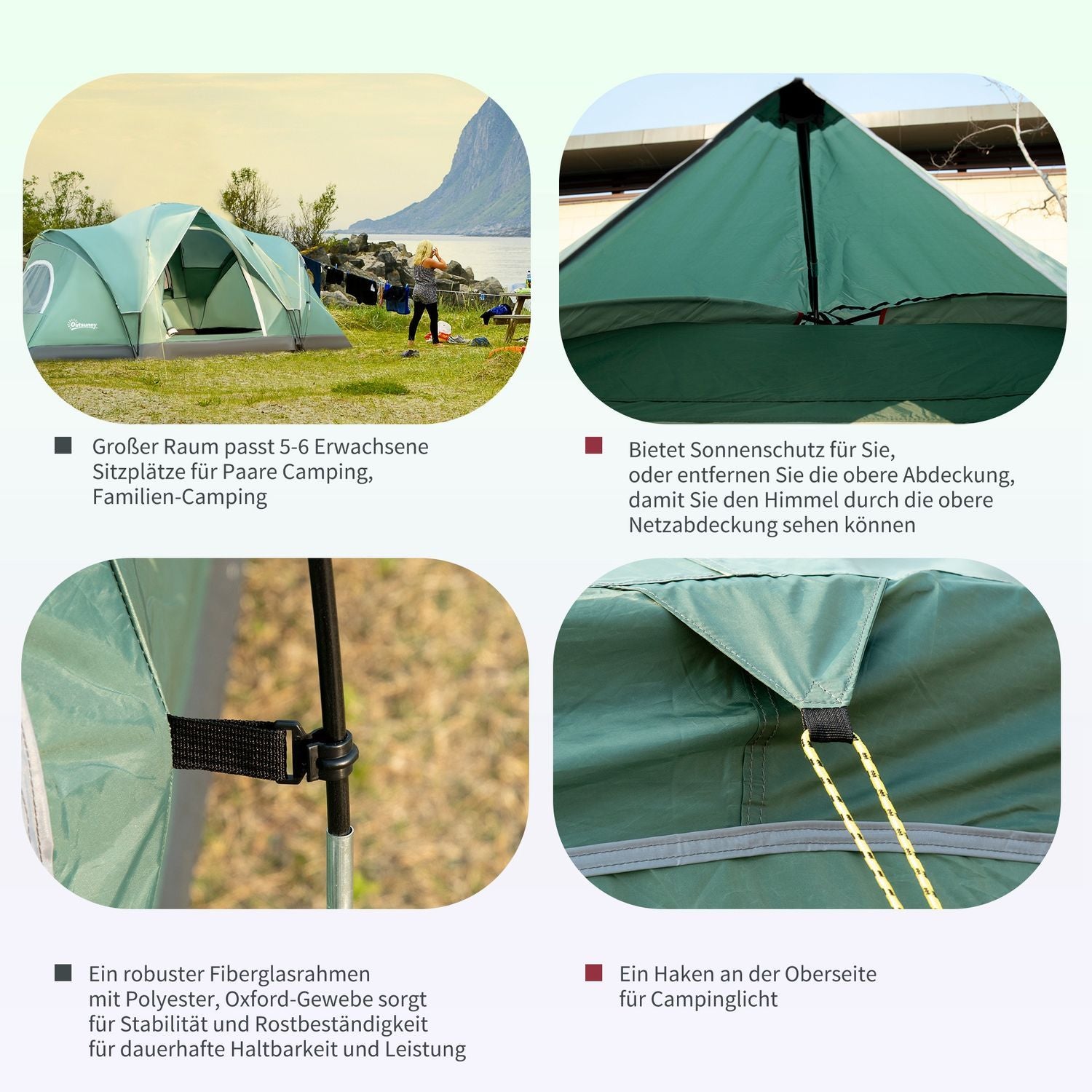 Campingtält För 5-6 Personer Tunneltält Med Pinnar, Kupoltält, Polyester, Armygrön + Svart, 4,55X2,3X1,8M