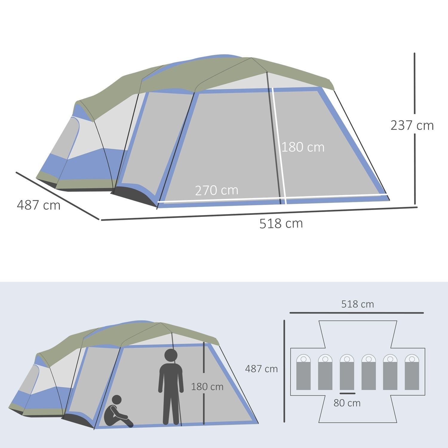 Campingtält För 6-8 Personer Familjetält Med Vestibul, 2 Fönster, Kupoltält, Pu3000Mm, Blått, 518X487X237Cm