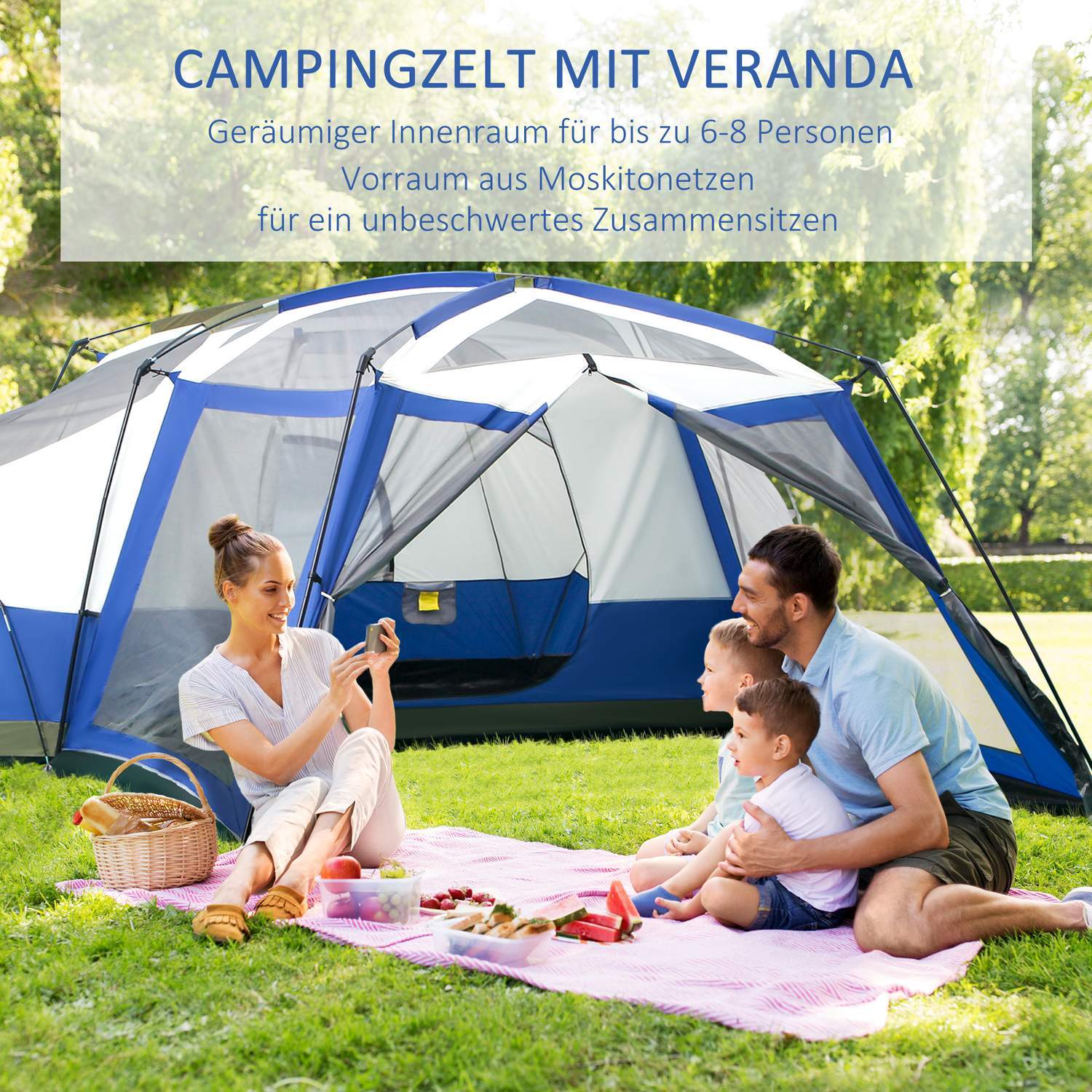 Campingtält För 6-8 Personer Familjetält Med Vestibul, 2 Fönster, Kupoltält, Pu3000Mm, Blått, 518X487X237Cm