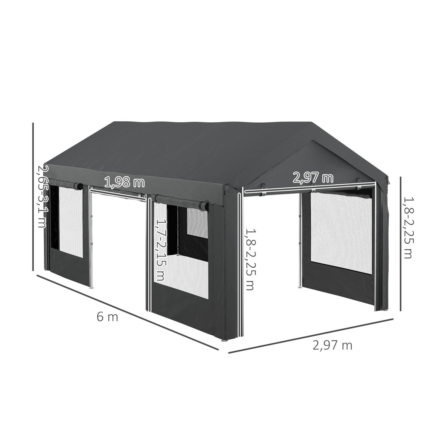 Carport, Ca 6 X 3M Partytält, Höjdjusterbart Bilgarage, Biltak Med 4 Nätfönster, 4 Dörrar, För Bilar, Lastbilar, Stål, Mörkgrå.