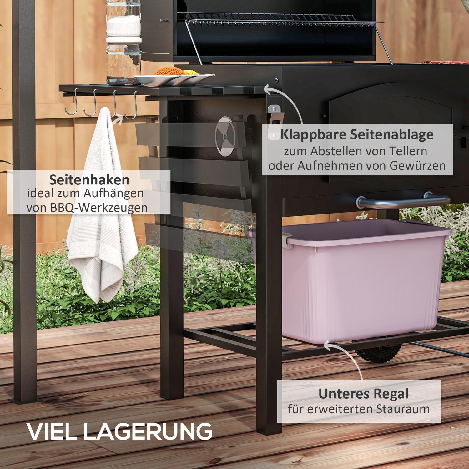 Kolgrill Bbq Trädgårdsgrill Med Lock, Hyllor, Rökare, Värmeplatta, Hyllor, Transporthjul, Metall