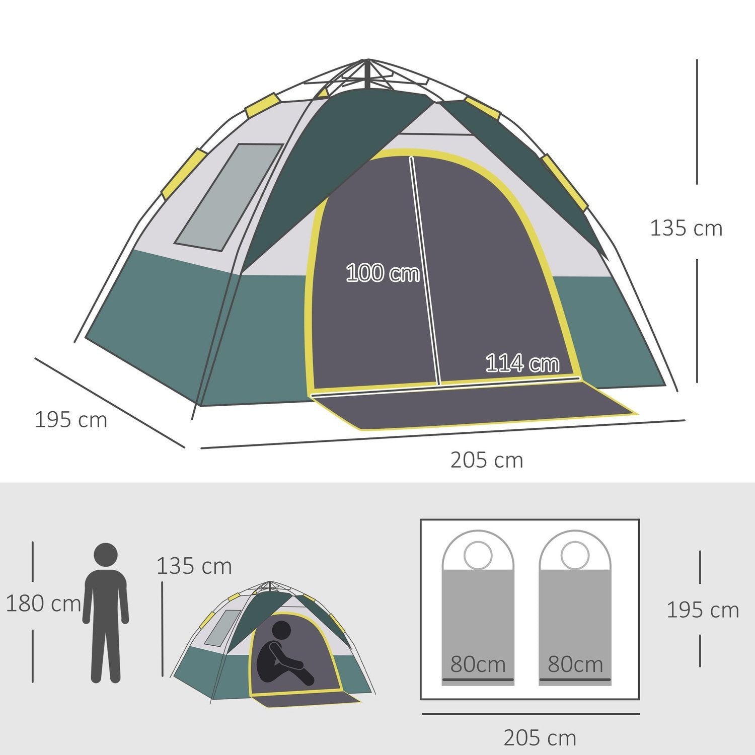 Dome Tält 3 Person Polyester Grön 205X195X135Cm Pinnar