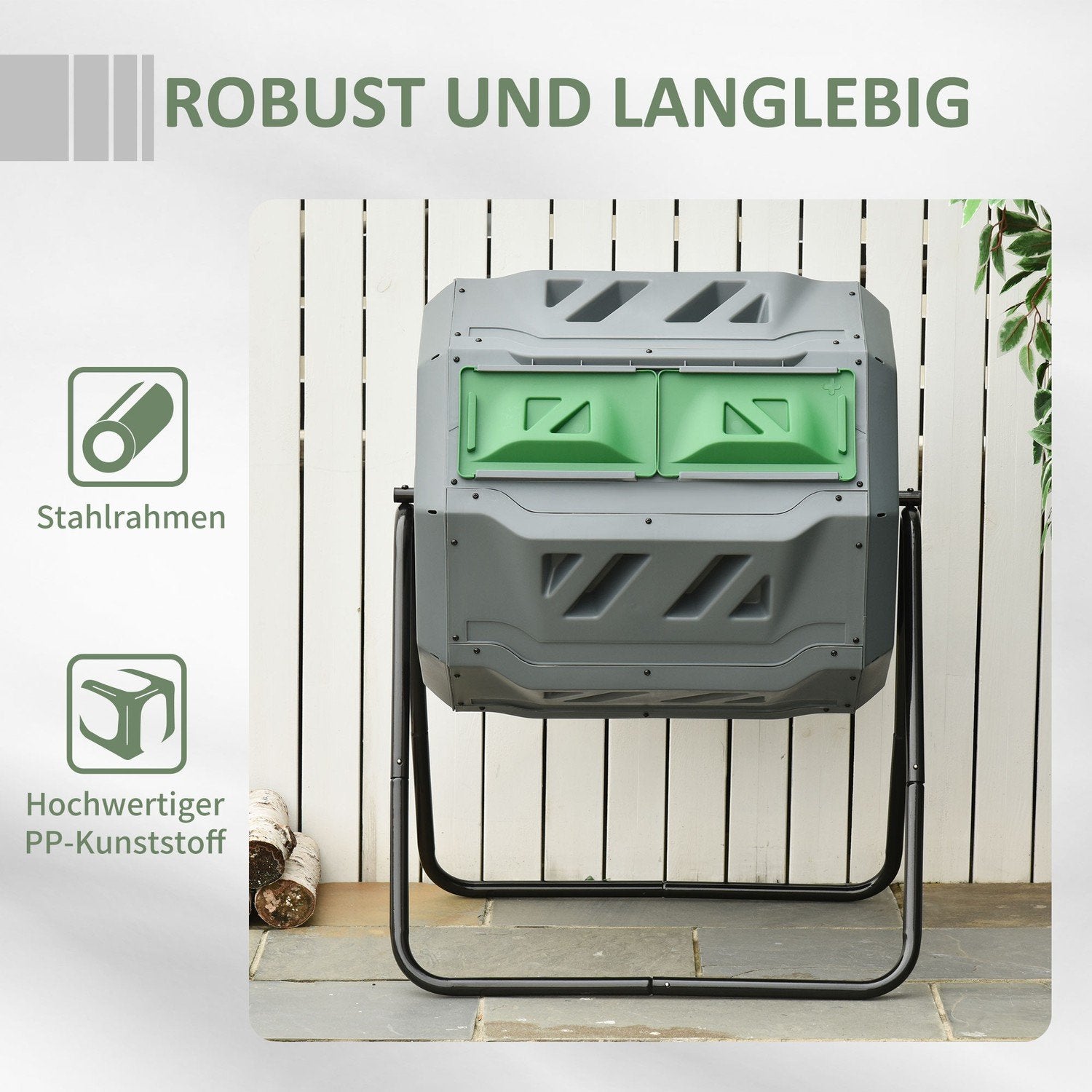 Drum Composter 160L Trädgårdskompostor Med 2 Kamrar Roterande Organiskt Avfall Grå Effektiv & Robust