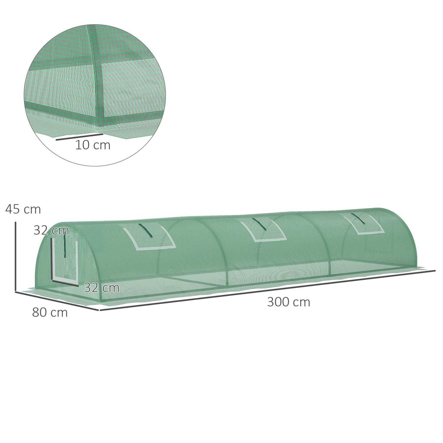 Film Greenhouse Mini Tunnel Växthus Med Mesh-Fönster, Uv-Beständig, Pe-Film, Grön, 300X80X45Cm