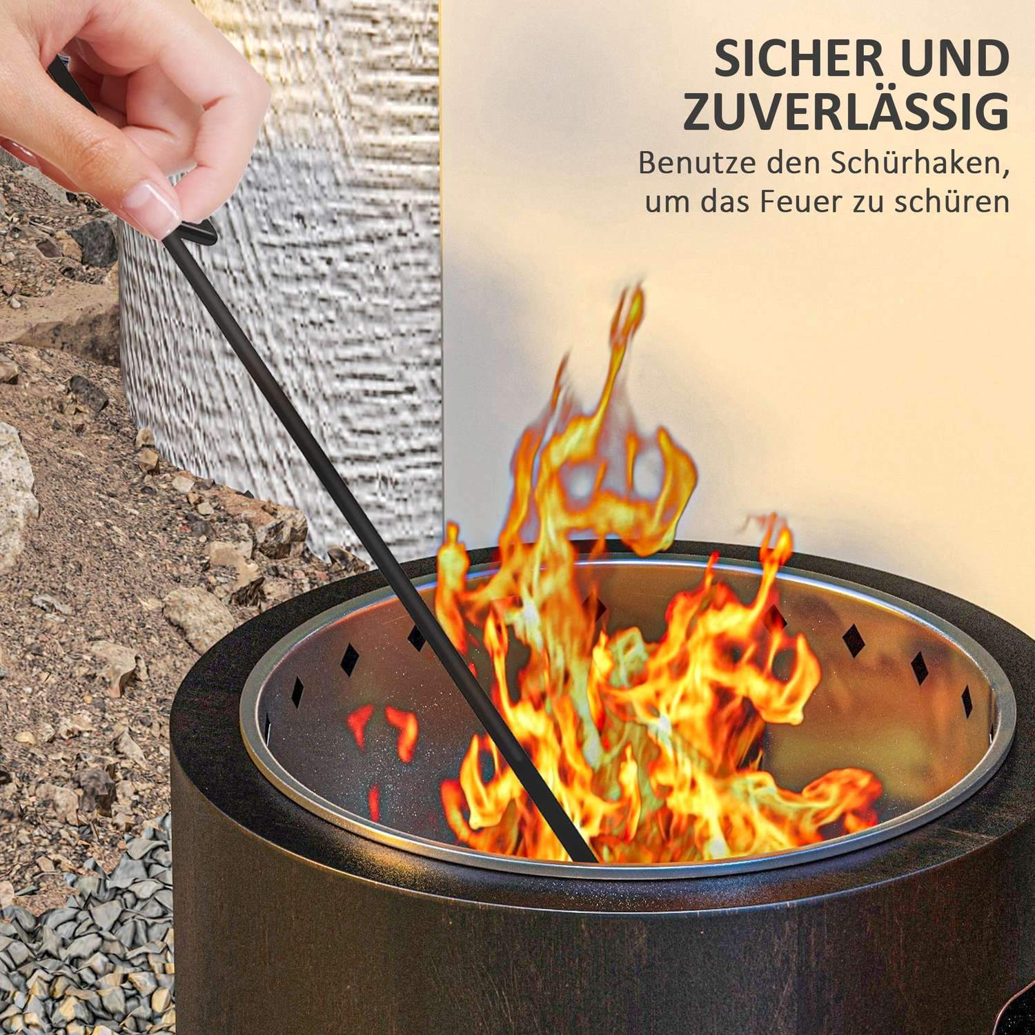 Fire Bowl Rökfritt Bord Eldstad Ø45 Cm Med Handtag & Poker, Idealisk För Trädgård Och Camping, Metall, Svart