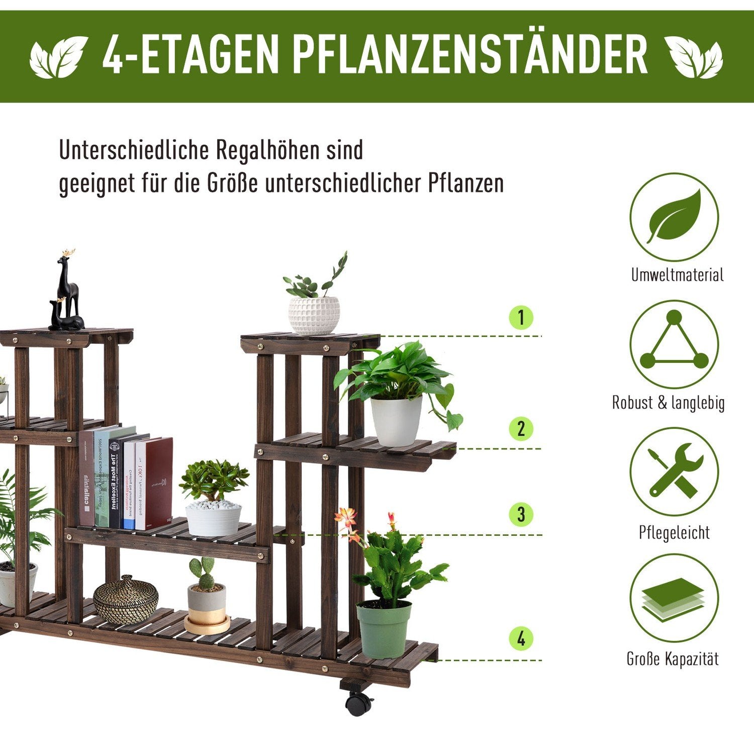 Flower Stand Plant Hylla, Fyra Flower Flower Hylla, Massivt Trä, Charred, 123,5X33X80Cm