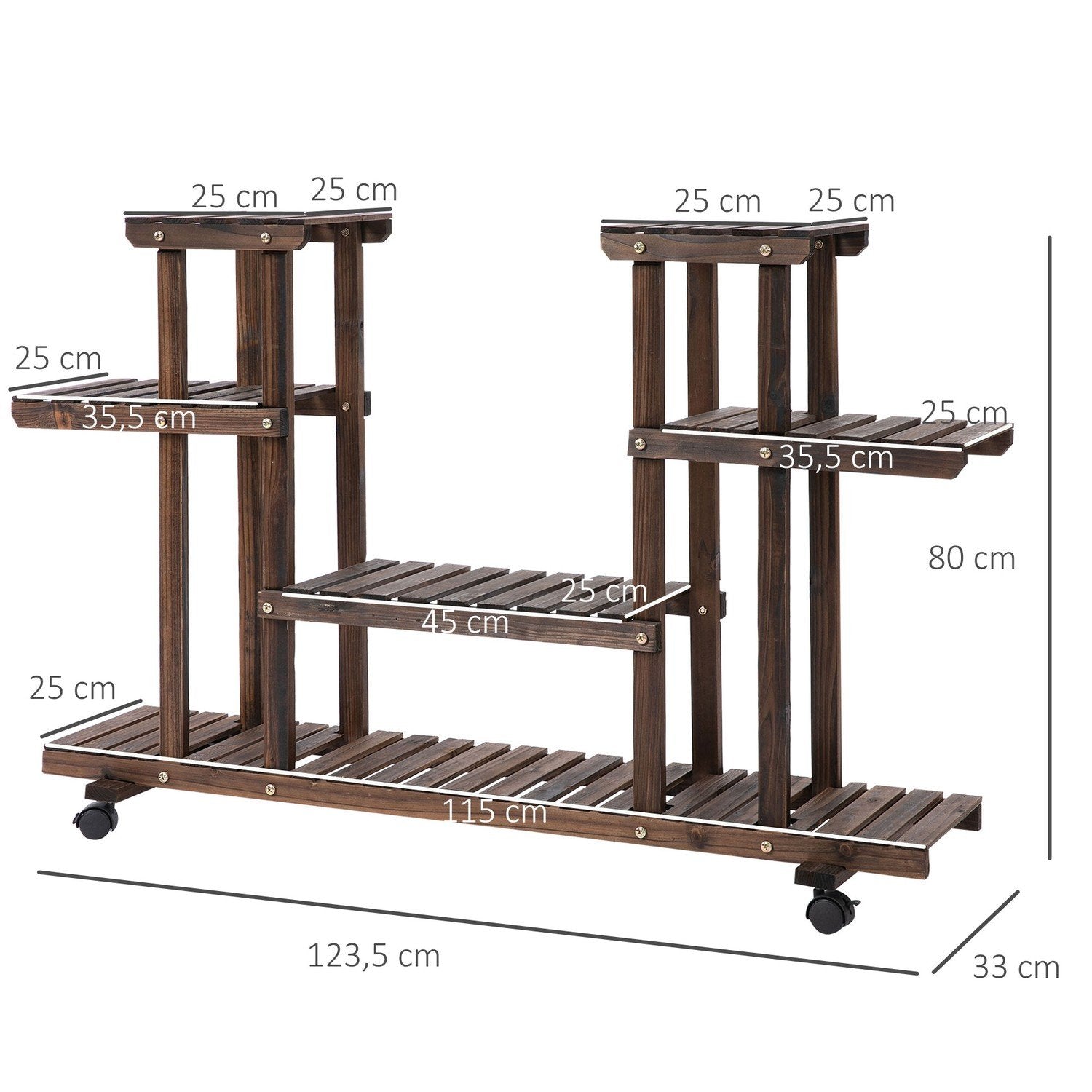 Flower Stand Plant Hylla, Fyra Flower Flower Hylla, Massivt Trä, Charred, 123,5X33X80Cm