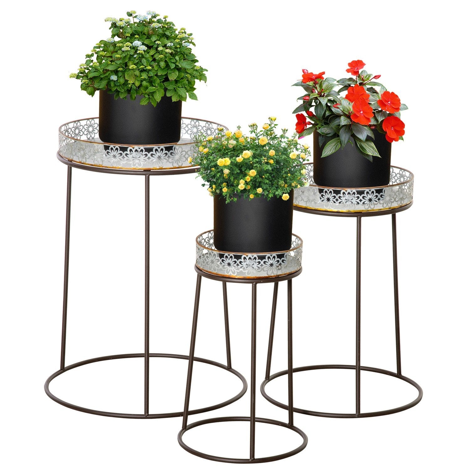 Flower Stand Set Med 3 Växtställ I Metall, Stapelbara Blomsterpallar I Kaffe + Silver, För Blomkrukor