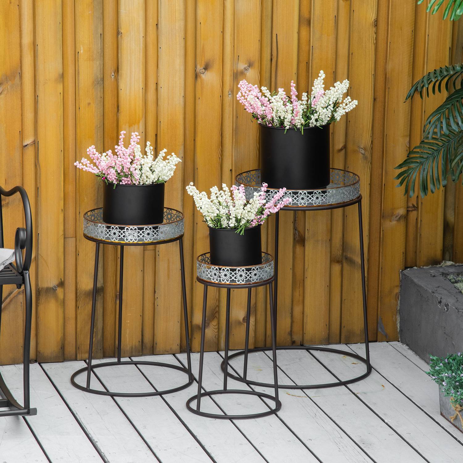 Flower Stand Set Med 3 Växtställ I Metall, Stapelbara Blomsterpallar I Kaffe + Silver, För Blomkrukor