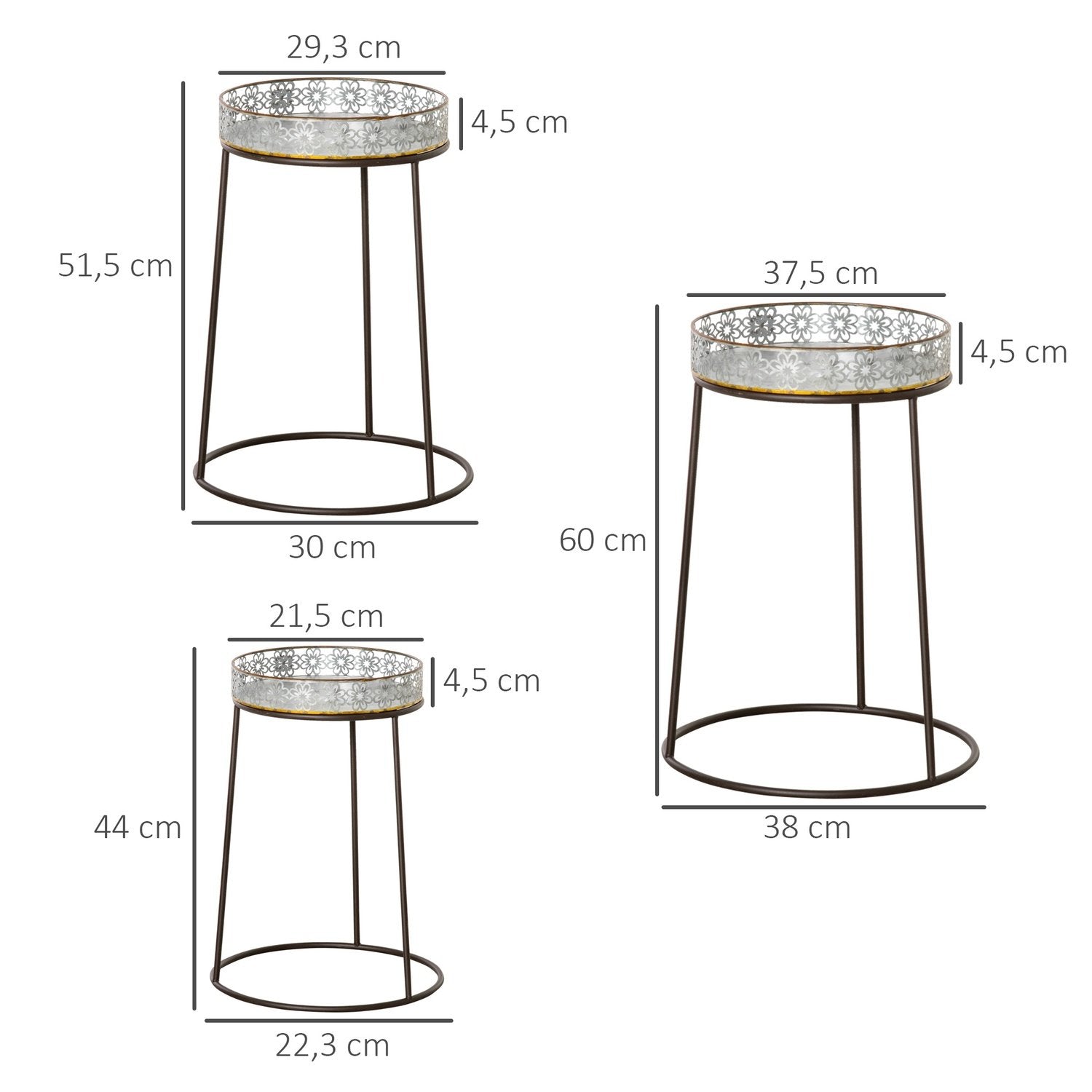 Flower Stand Set Med 3 Växtställ I Metall, Stapelbara Blomsterpallar I Kaffe + Silver, För Blomkrukor