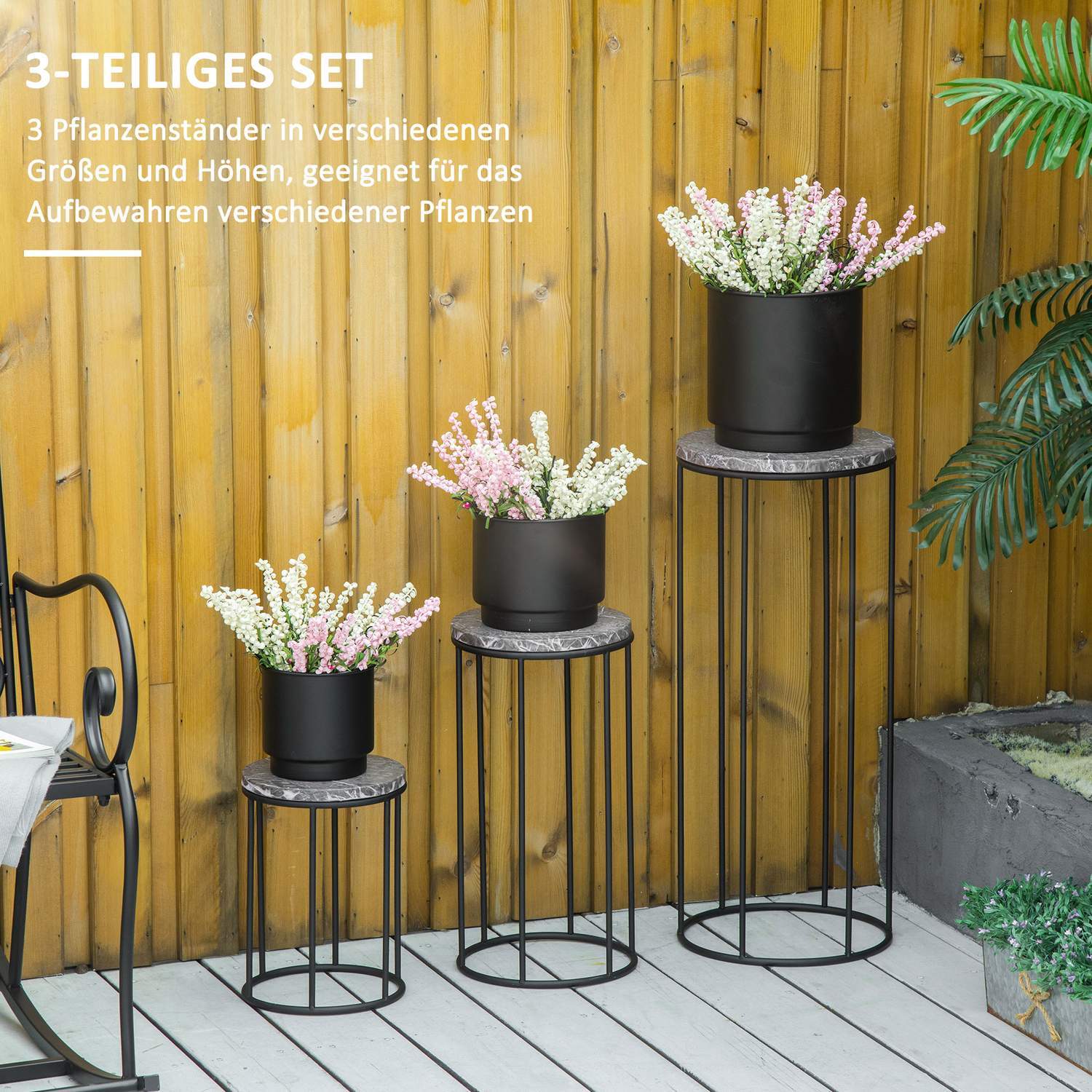 Flower Stand Set Med 3 Växtställ I Marmorlook, Stapelbara Blomsterpallar, Dekorativa