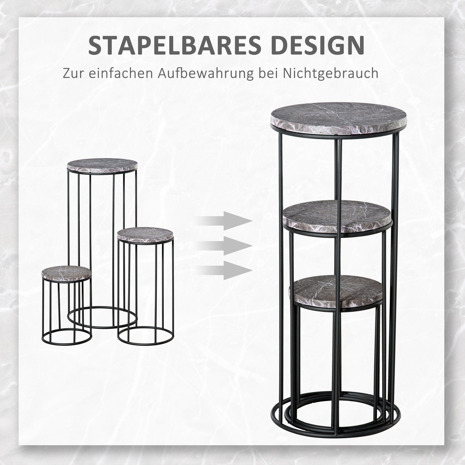 Flower Stand Set Med 3 Växtställ I Marmorlook, Stapelbara Blomsterpallar, Dekorativa