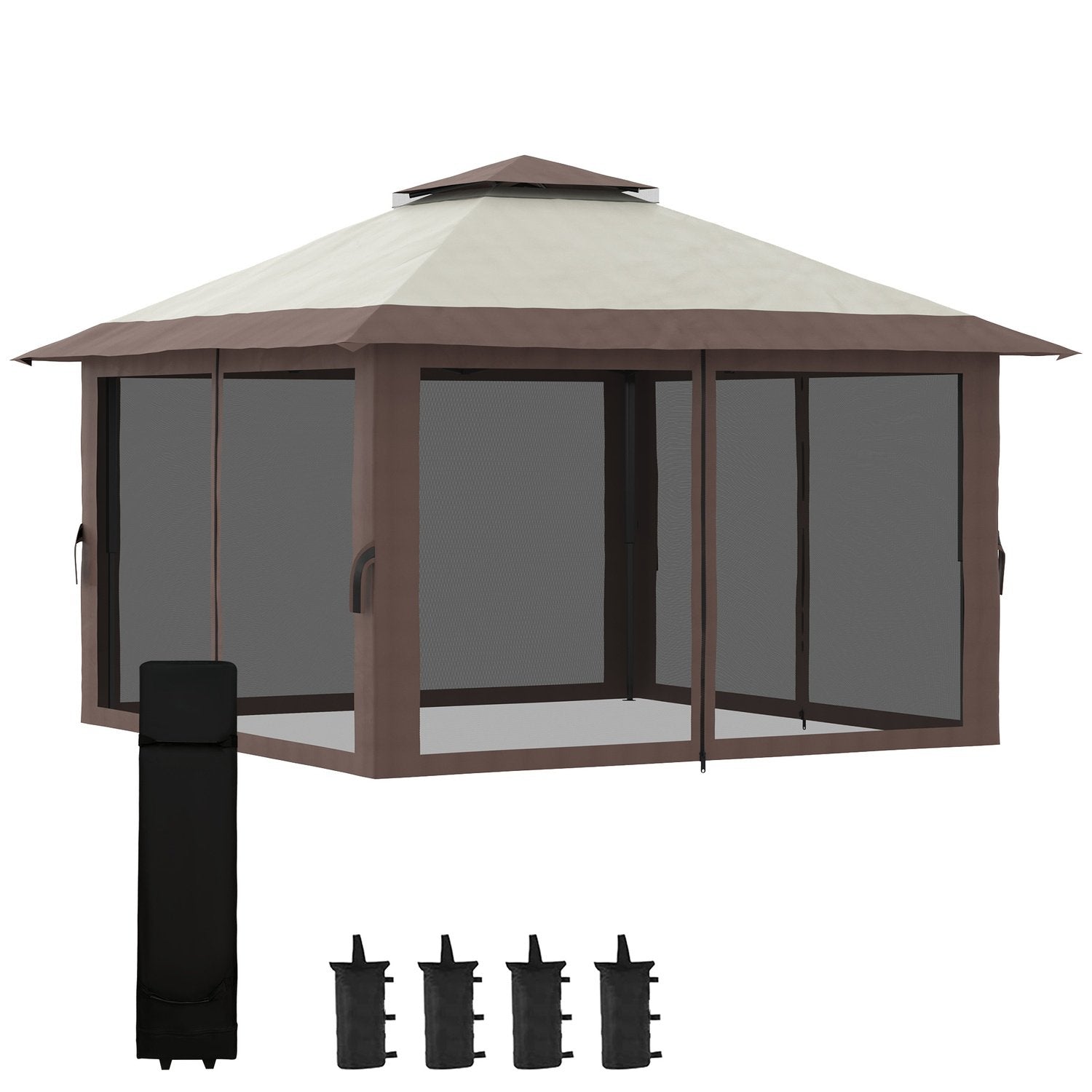 Folding Gazebo 4X4M Höjdjusterbart Trädgårdslusthus Med Uv-Skydd & Meshgardiner, Dubbeltak, Beige