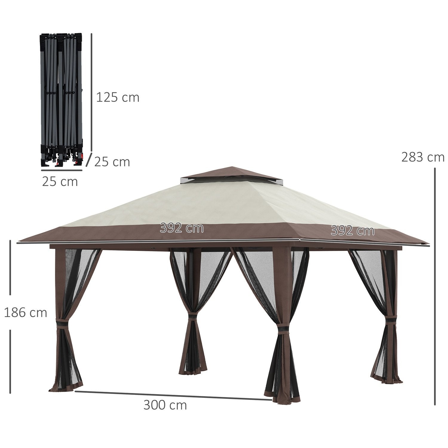 Folding Gazebo 4X4M Höjdjusterbart Trädgårdslusthus Med Uv-Skydd & Meshgardiner, Dubbeltak, Beige