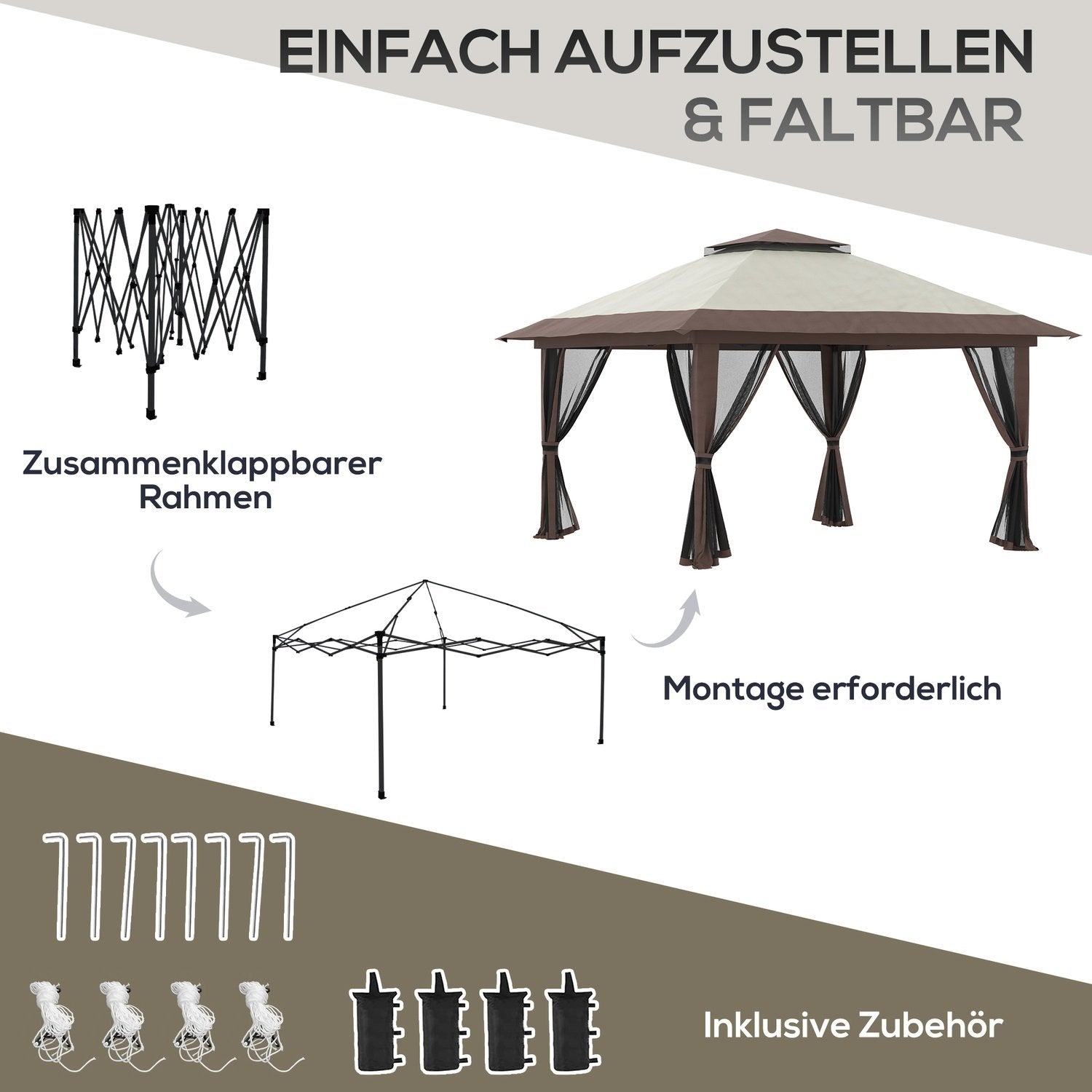 Folding Gazebo 4X4M Höjdjusterbart Trädgårdslusthus Med Uv-Skydd & Meshgardiner, Dubbeltak, Beige