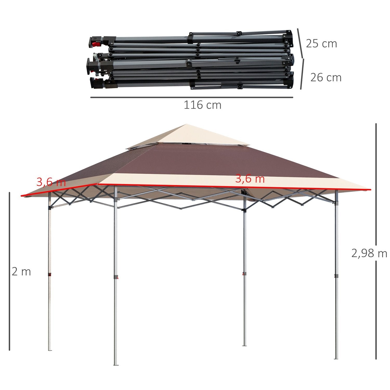 Folding Gazebo Pop Up-Tält Trädgård Gazebo Roll Bag Oxford Tyg 3,6 X 3,6 M Mörkbrun + Khaki