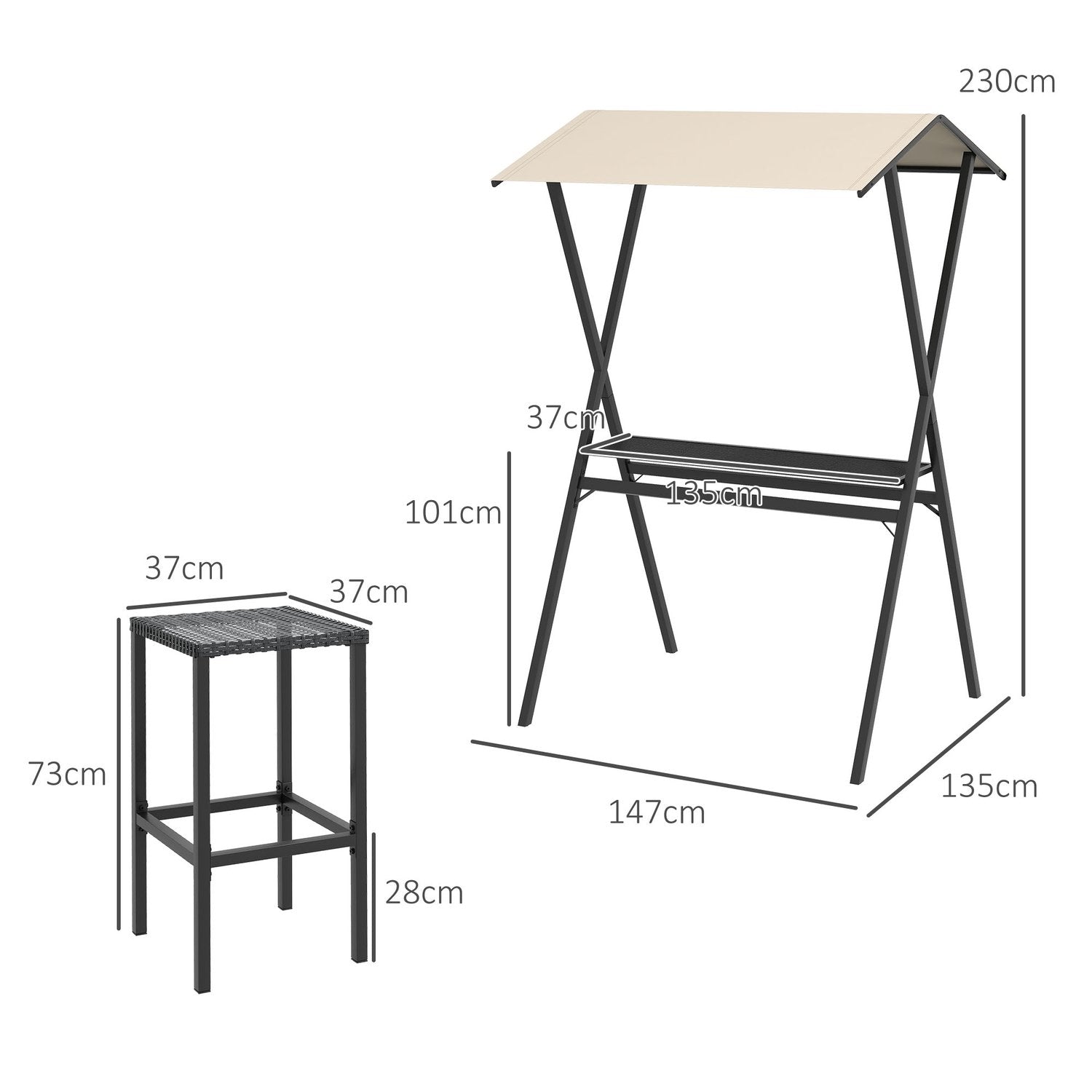 Garden Bar Set Rotting Barbord Med 4 Barstolar, Barbord Med Tak, Sittgrupp, Fotstöd, Svart, Stål, För Trädgård Och Balkong