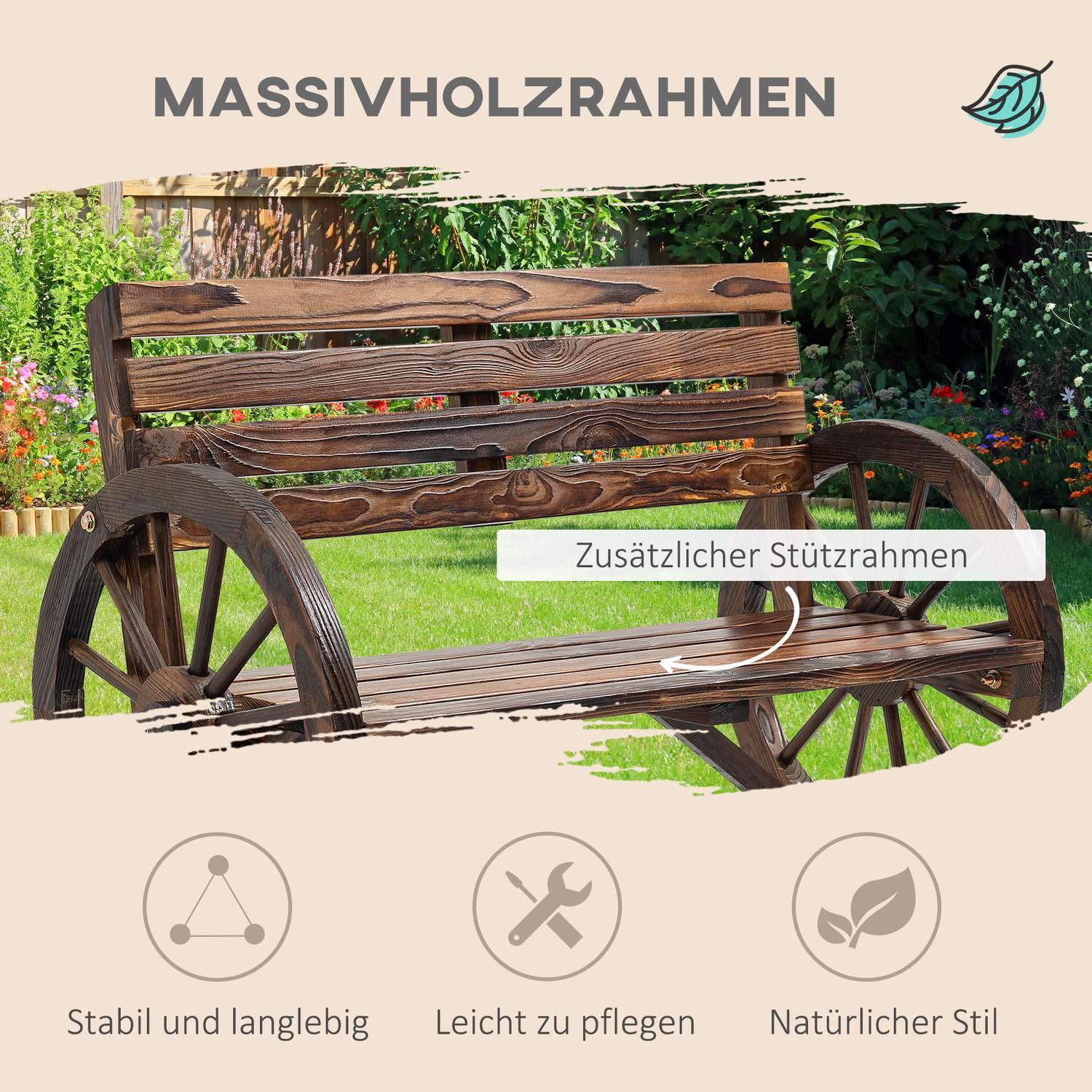 Garden Bench 2-Sits Träbänk Med Vagnhjulsarmstöd I Lantlig Stil, Granträ, Brun, 105,5X56X79Cm