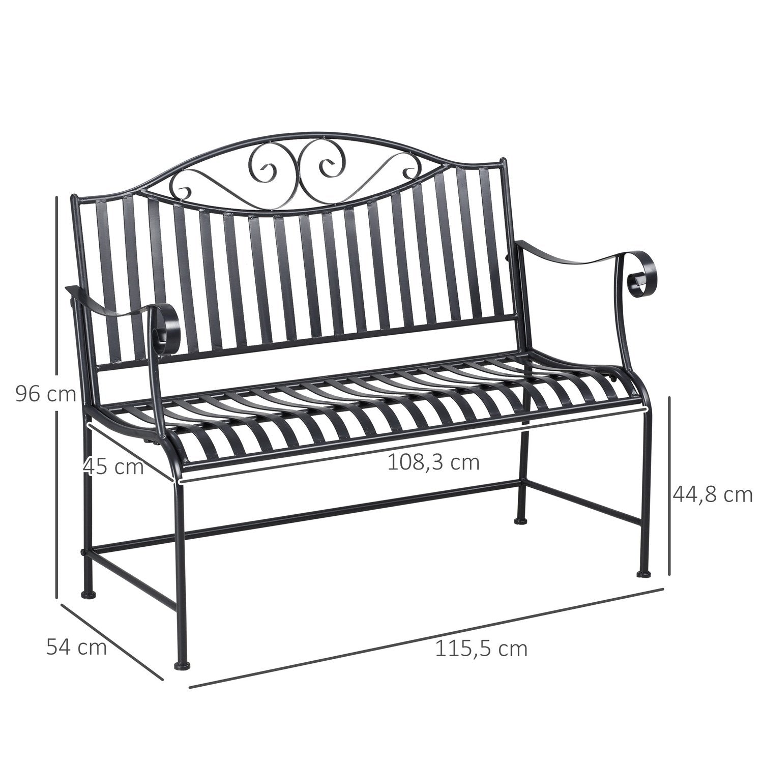 Trädgårdsbänk För 2 Personer Parkbänk Armstöd Metallbänk Trädgårdsbalkong Uteplats Upp Till 220 Kg Grå 155X54X96Cm