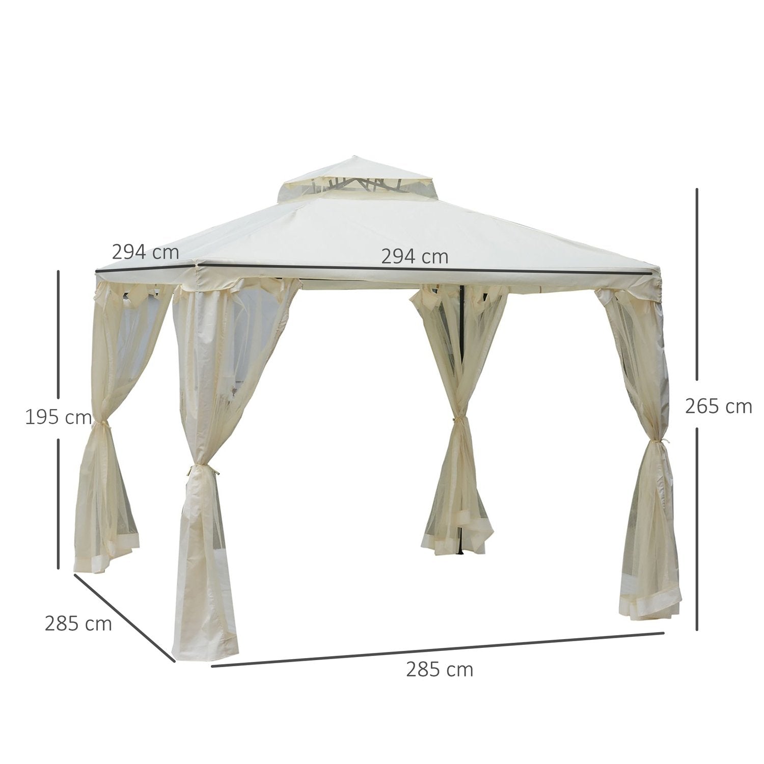 Garden Gazebo 3X3X2,6M Paviljong Trädgårdstält Med 4 Sidoväggar, Väderbeständig, Metall + Polyester, Krämvit