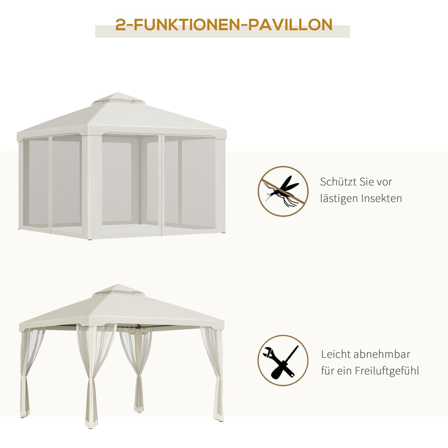 Garden Gazebo 3X3X2,6M Paviljong Trädgårdstält Med 4 Sidoväggar, Väderbeständig, Metall + Polyester, Krämvit