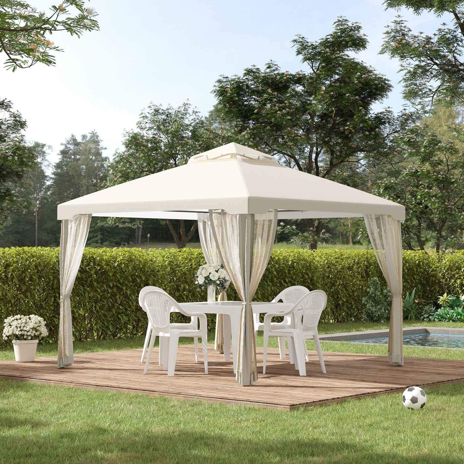 Garden Gazebo 3X3X2,6M Paviljong Trädgårdstält Med 4 Sidoväggar, Väderbeständig, Metall + Polyester, Krämvit