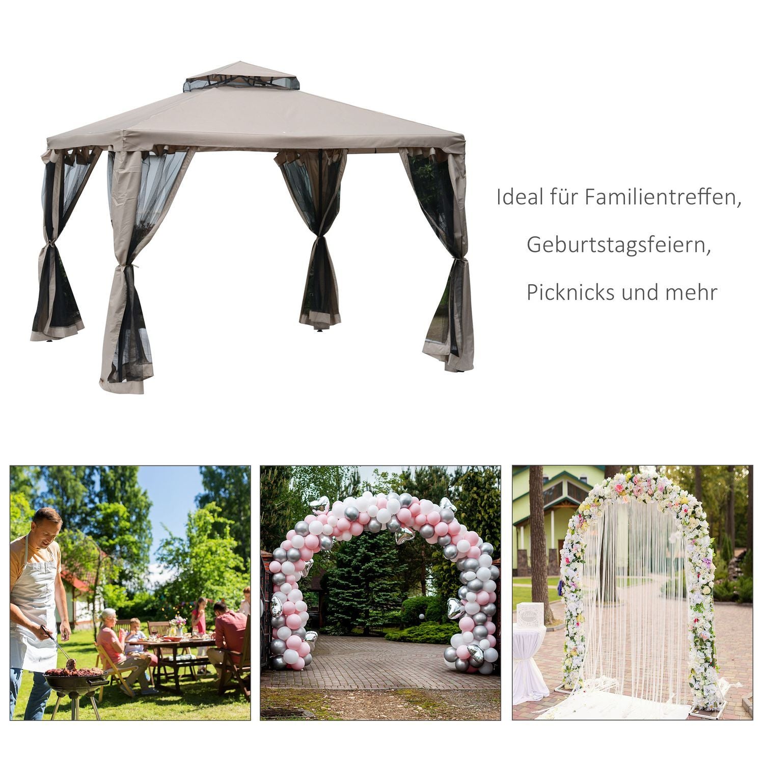 Garden Gazebo 3X3X2,6M Paviljong Trädgårdstält Med 4 Sidoväggar, Väderbeständig, Metallpolyester, Grå