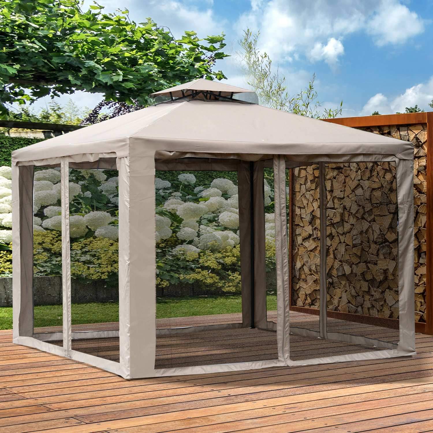 Garden Gazebo 3X3X2,6M Paviljong Trädgårdstält Med 4 Sidoväggar, Väderbeständig, Metallpolyester, Grå