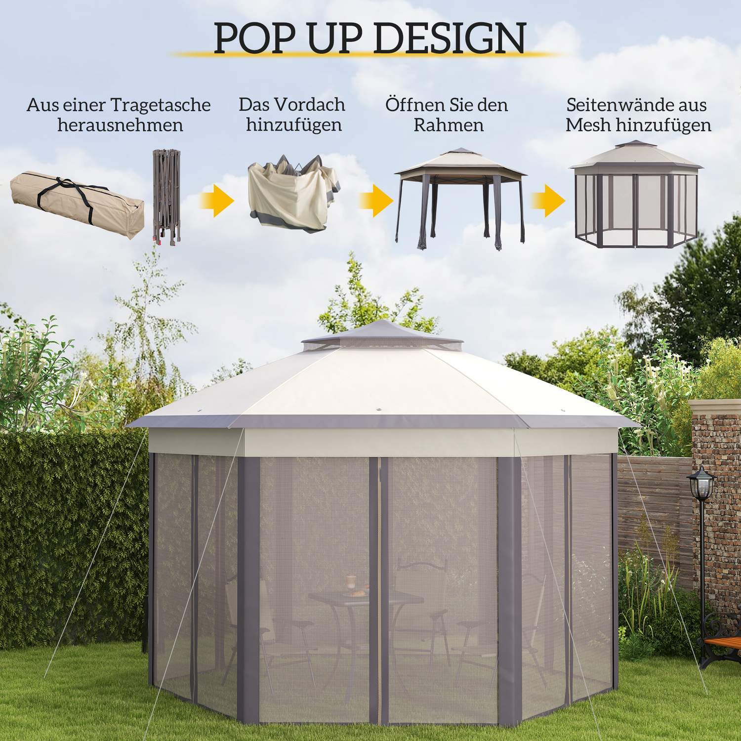 Garden Gazebo Vikbart Lusthus 4 X 4 M Pop-Up Tält Partytält Inklusive Bärväska 6 Sidopaneler Dubbeltak Hexagonal Kaffe + Beige