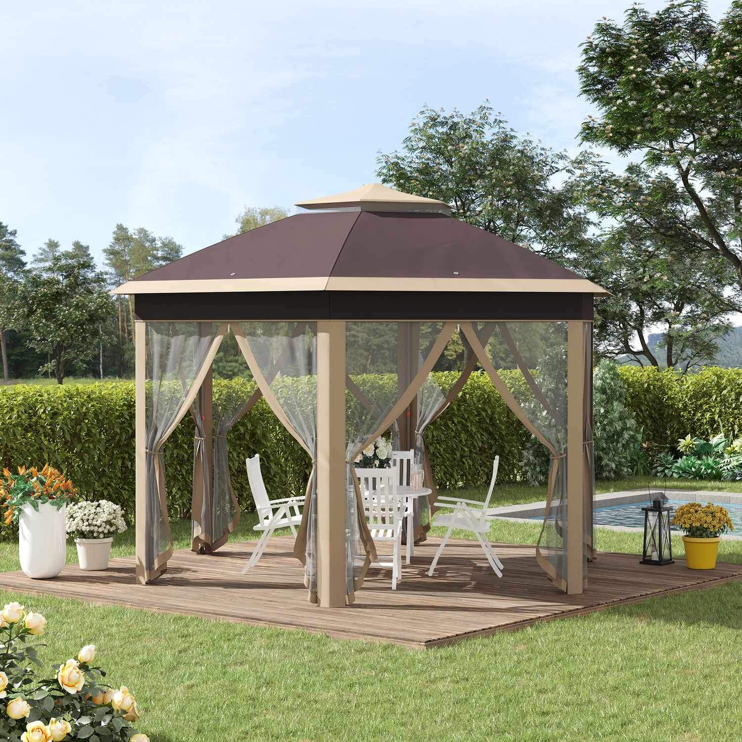 Garden Gazebo Vikbart Gazebo 4X4M Pop-Up Tält Med Bärväska, 6 Sidopaneler, Dubbelt Tak, Sexkantigt, Beige+Khaki