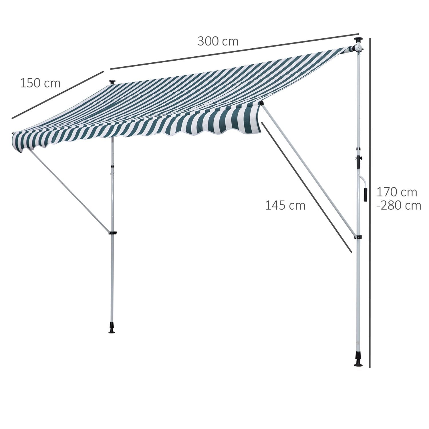 Markis, Vikarmsmarkis, Klämmarkis, Höjdjusterbar, Solskydd Med Fällarm Och Handvev, Balkong, Aluminium, Grön + Vit, 300X150Cm