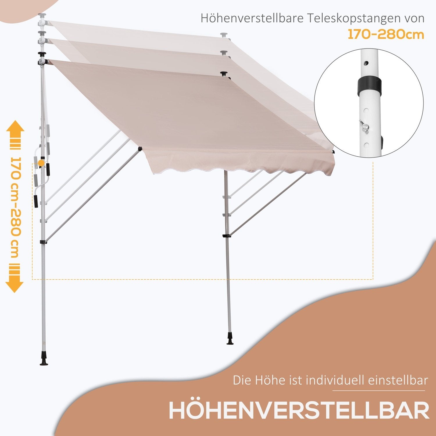 Markis, Vikarmsmarkis, Höjdjusterbar Klämmarkis, 200X150Cm, Krämvit, Aluminium