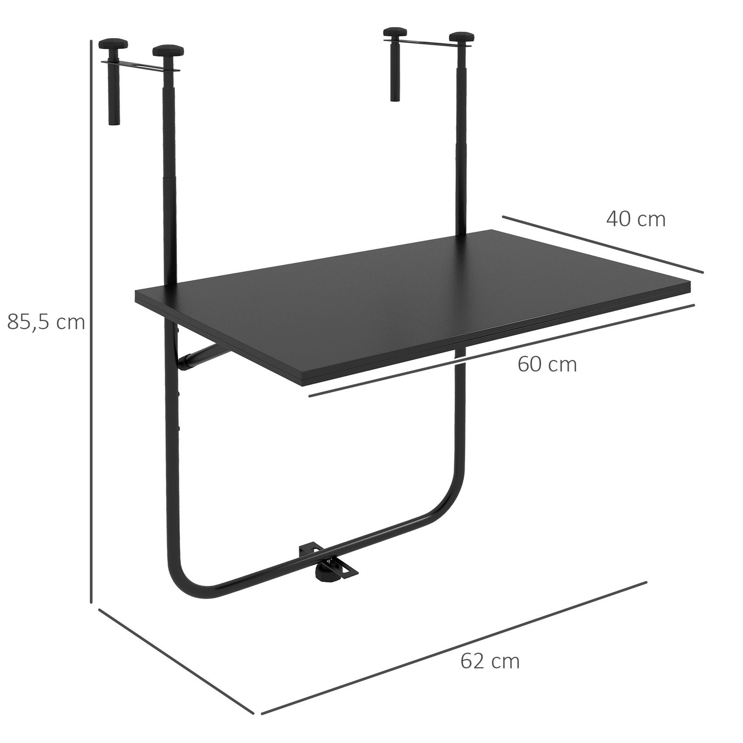 Balkongbord För Upphängning, Fällbart Hängbord, 3-Vägs Höjdjusterbart, Upp Till 15 Kg, 62X60 Cm, Svart