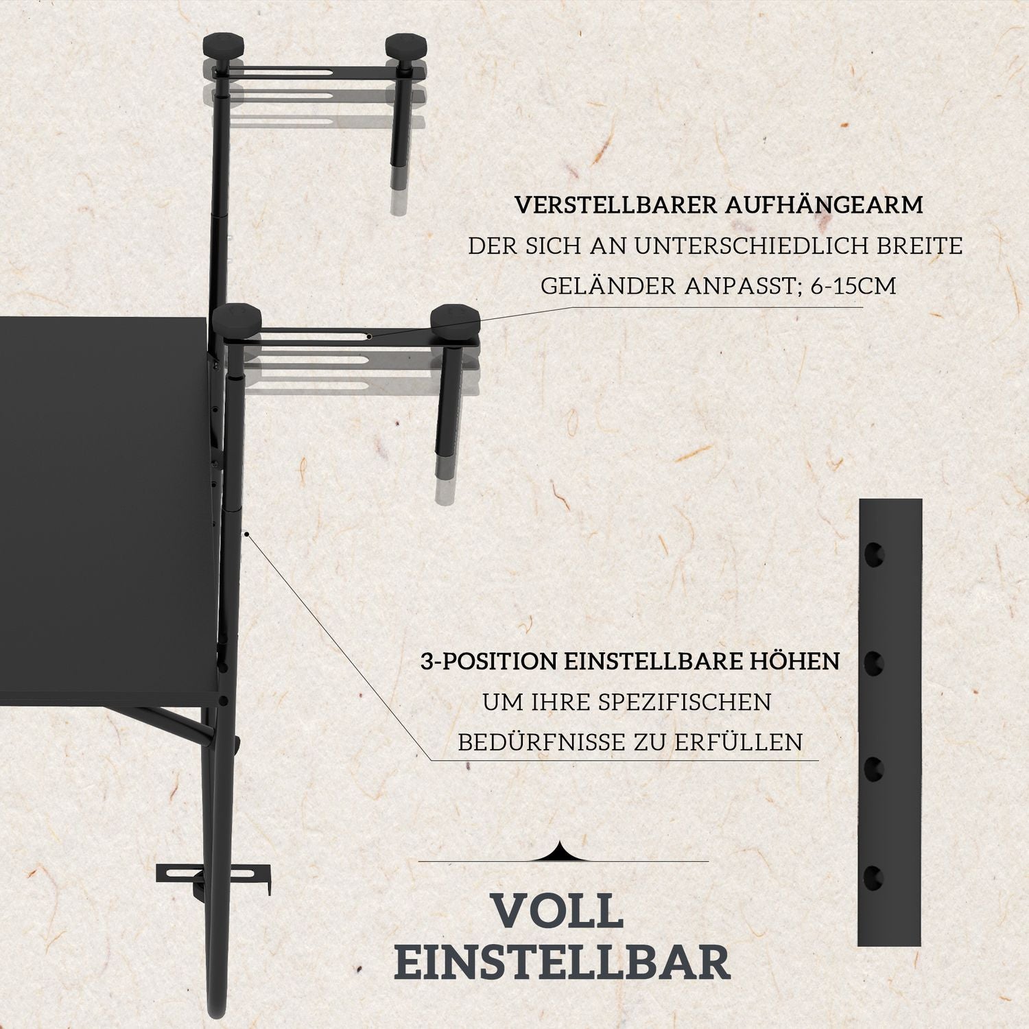 Balkongbord För Upphängning, Fällbart Hängbord, 3-Vägs Höjdjusterbart, Upp Till 15 Kg, 62X60 Cm, Svart