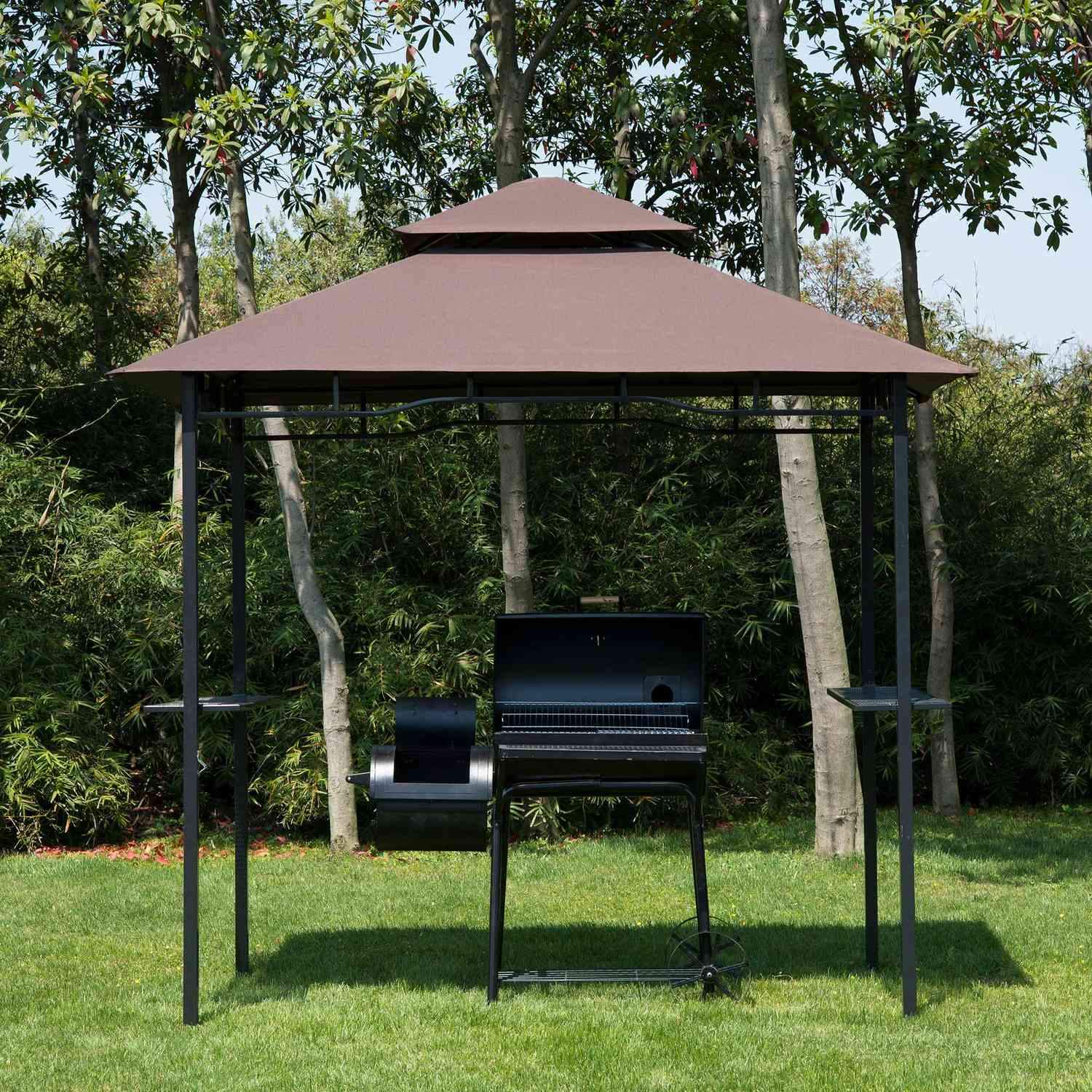 Grillpaviljong Trädgårdstält Flamskyddat Dubbeltak Kaffe Brun + Svart 245X148X252Cm