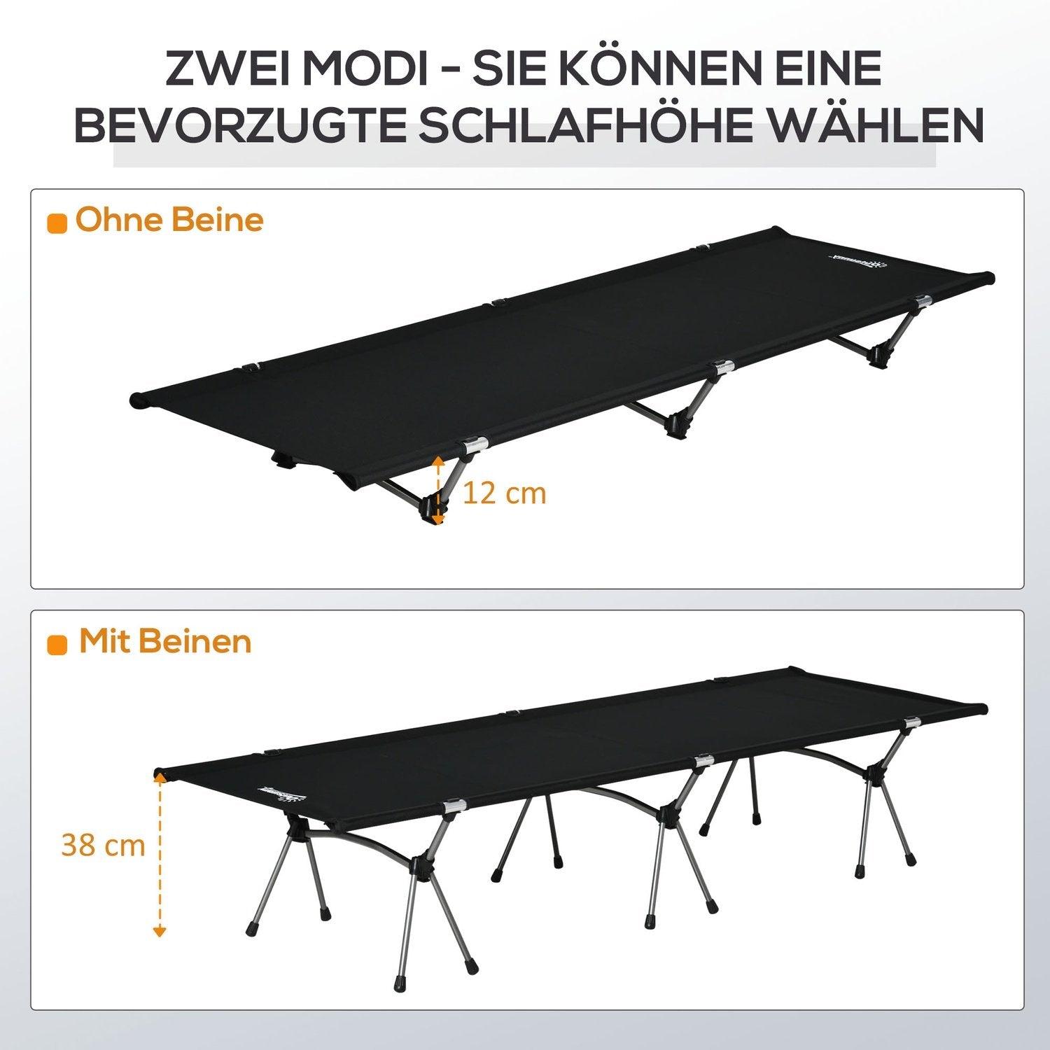 Campingsäng, Hopfällbar Fältsäng I Aluminium Med Bärväska, Höjdjusterbar, Svart, 190X65X38Cm, Upp Till 150Kg