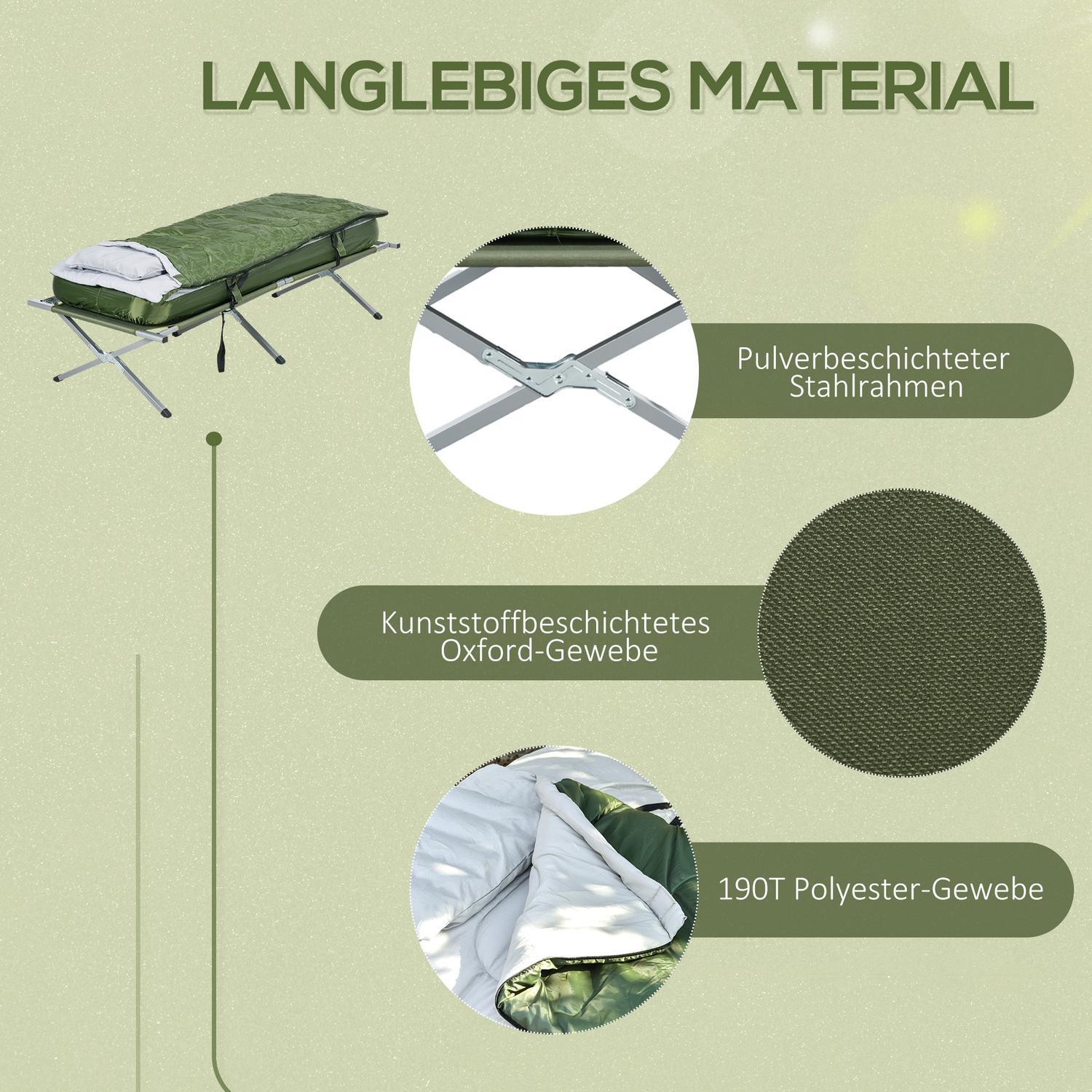 Campingsäng, Enkelsäng, Tältsäng Med Kudde, Hopfällbar Resesäng Med Robust Stålram, Lastkapacitet Upp Till 120 Kg, Oxford Green