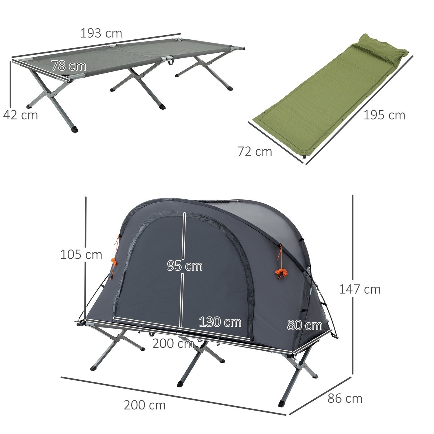 Campingsäng Med Tält Upphöjd Tältsäng För 1 Person Kupoltält Med Luftmadrass Inkl Bärväska Grå 200 X 86 X 147 Cm