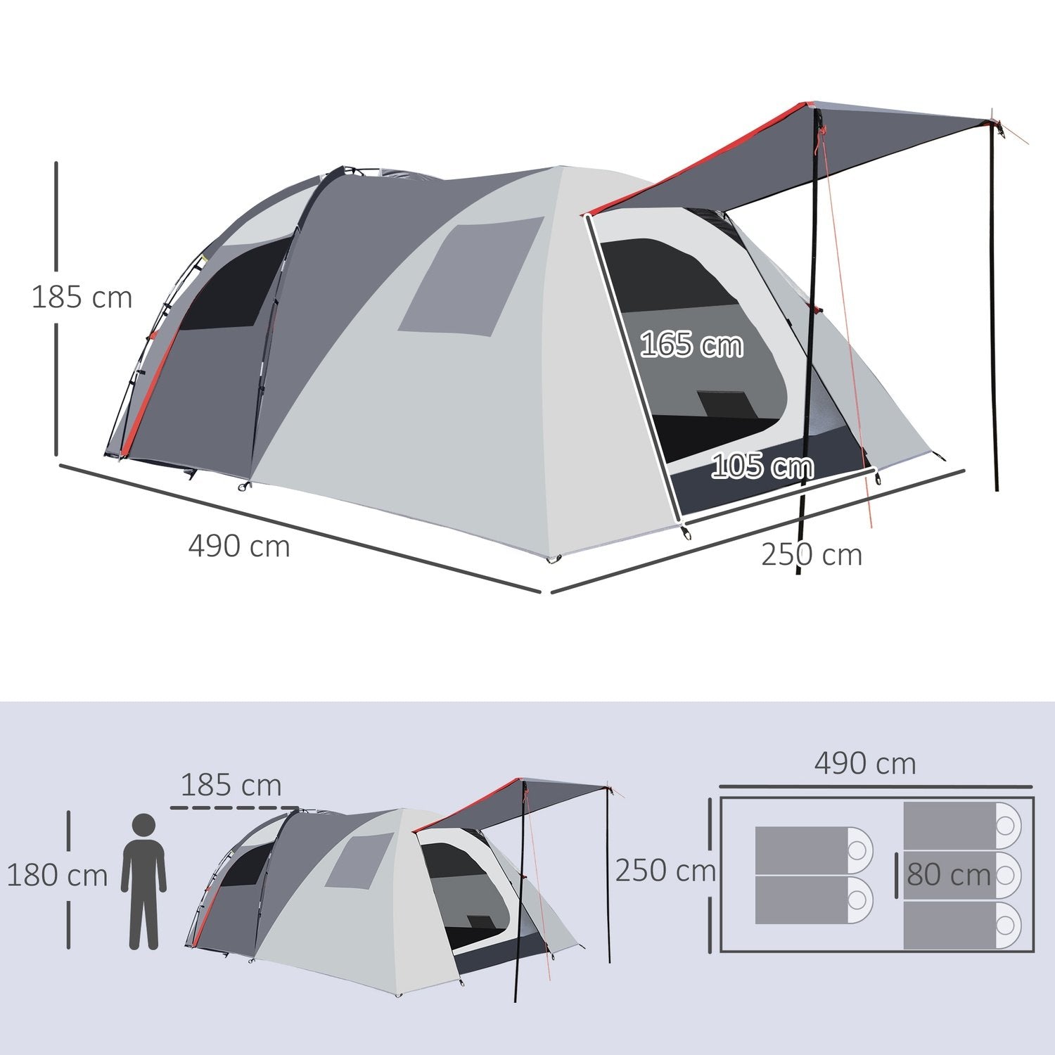 Campingtält 5-Personers Tunneltält Med Sovrum, Bärväska, 2000 Mm Vattenpelare, Nätfönster, Grå