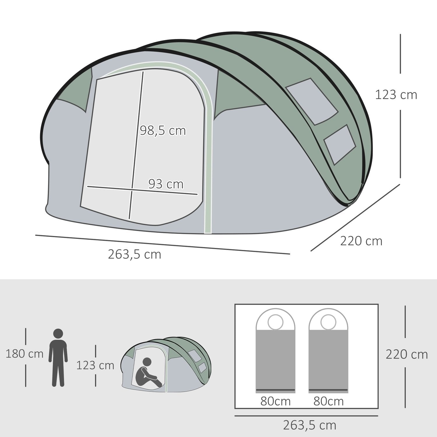 Campingtält För 4-5 Personer Kupoltält Med Pinnar, Polyester & B3 Galler, Mörkgrön + Grå, 263,5X220X123Cm