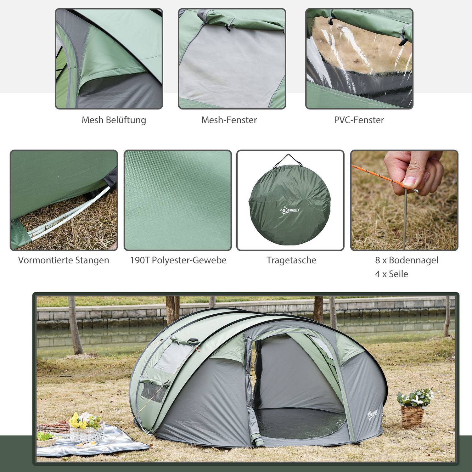 Campingtält För 4-5 Personer Kupoltält Med Pinnar, Polyester & B3 Galler, Mörkgrön + Grå, 263,5X220X123Cm