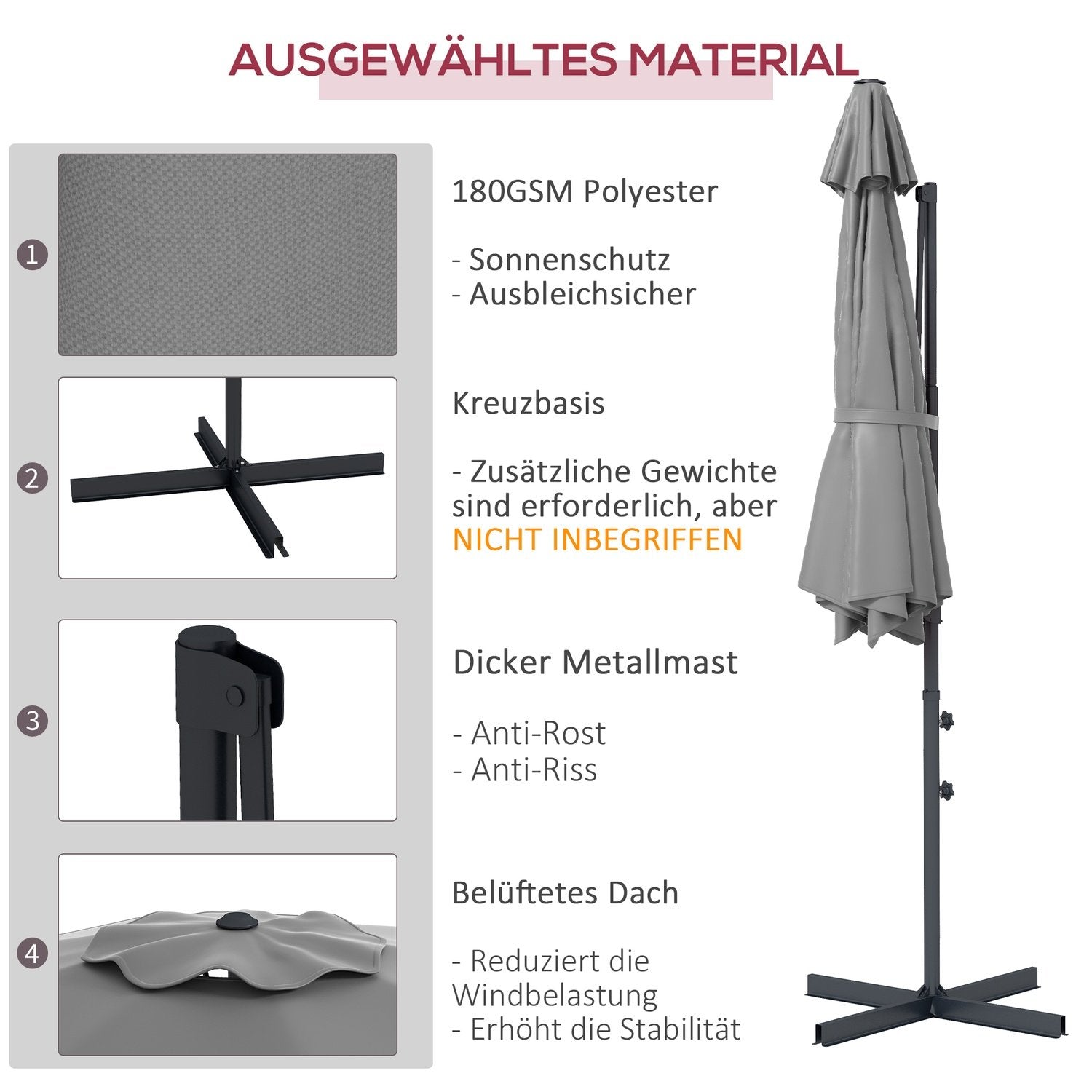 Cantilever Paraply Ca Ø3 M Parasoll Med Vev, Lutande Marknadsparaply, Roterande Trädgård Paraply För Balkong, Terrass, Metall, Mörkgrå.